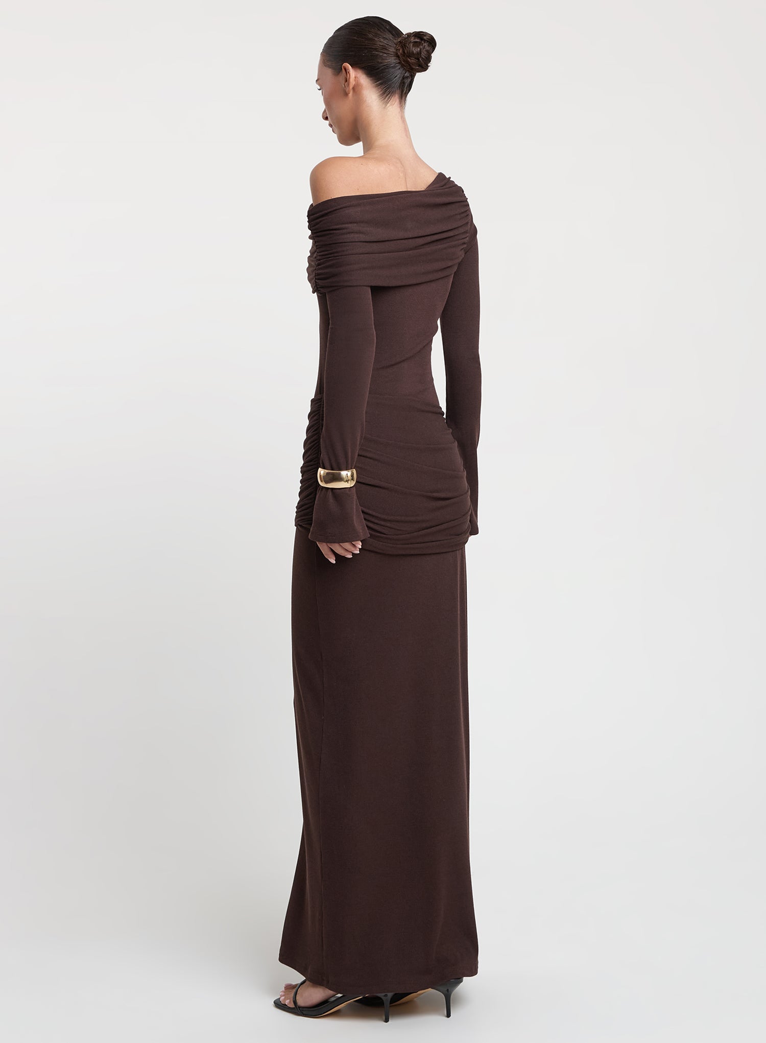 Chocolate Asymmetric Shoulder Waist Detail Maxi Dress