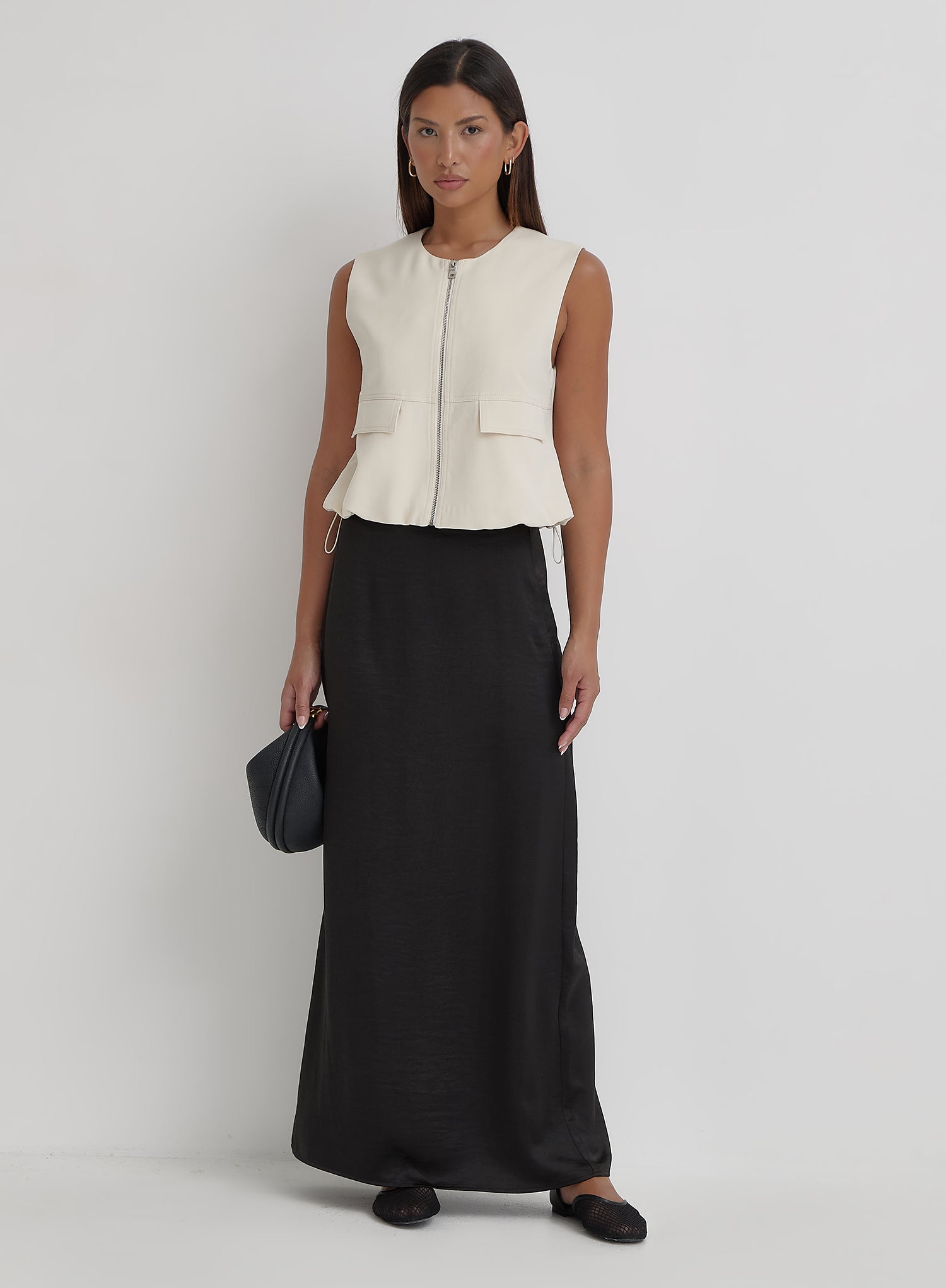 Black Satin Back Split Maxi Skirt- Alis