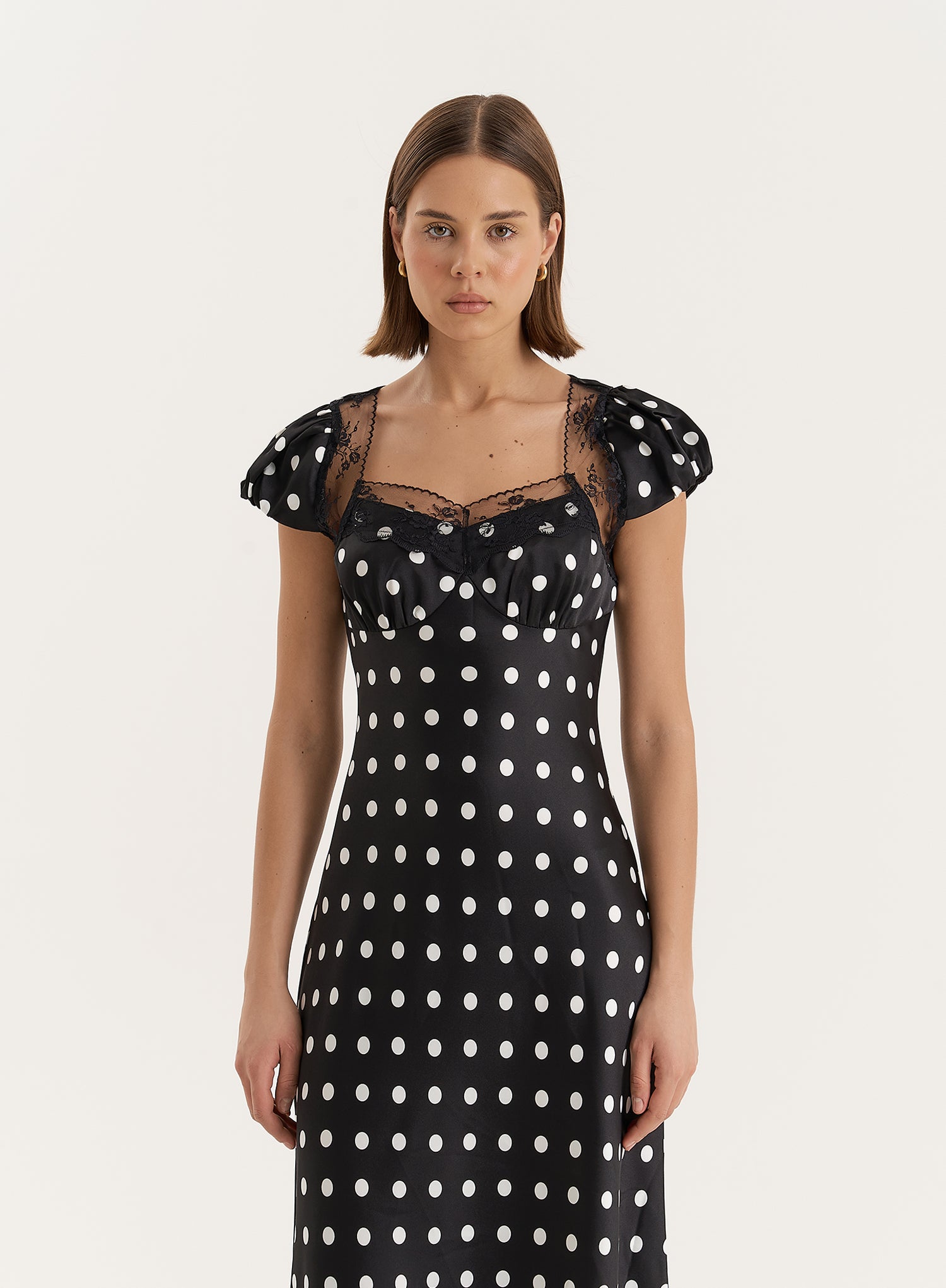 Black Polka Dot Satin Slip Maxi Dress- Sana