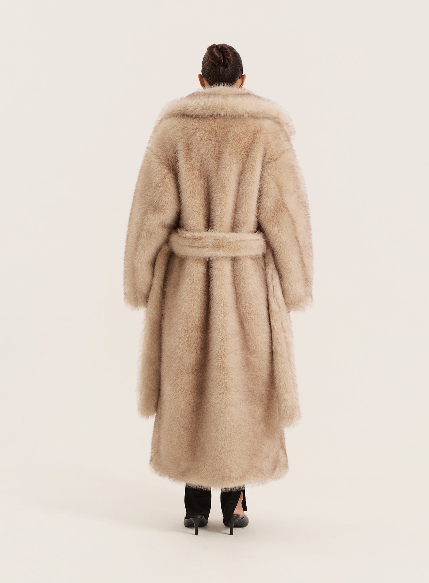 Beige Faux Fur Oversized Tie Waist Maxi Coat