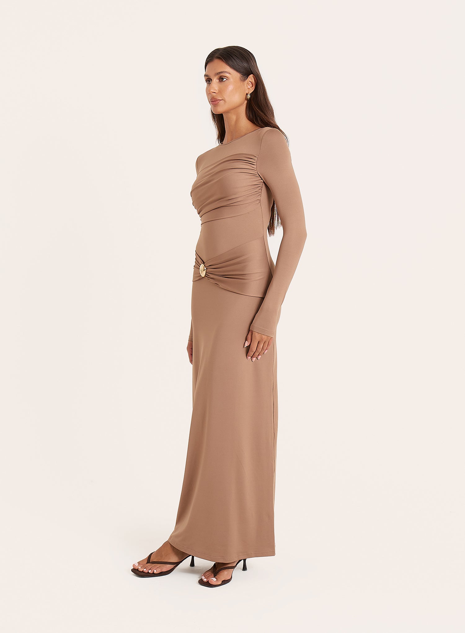Mocha Hardware Ruched Detail Maxi Dress