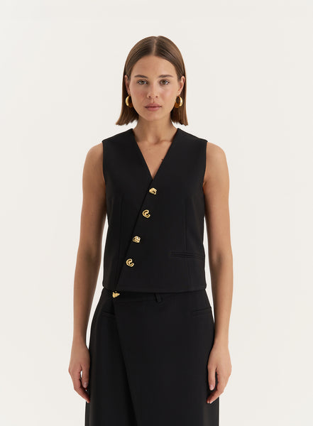 Women's Black Asymmetric Gold Button Front Waistcoat | Brie