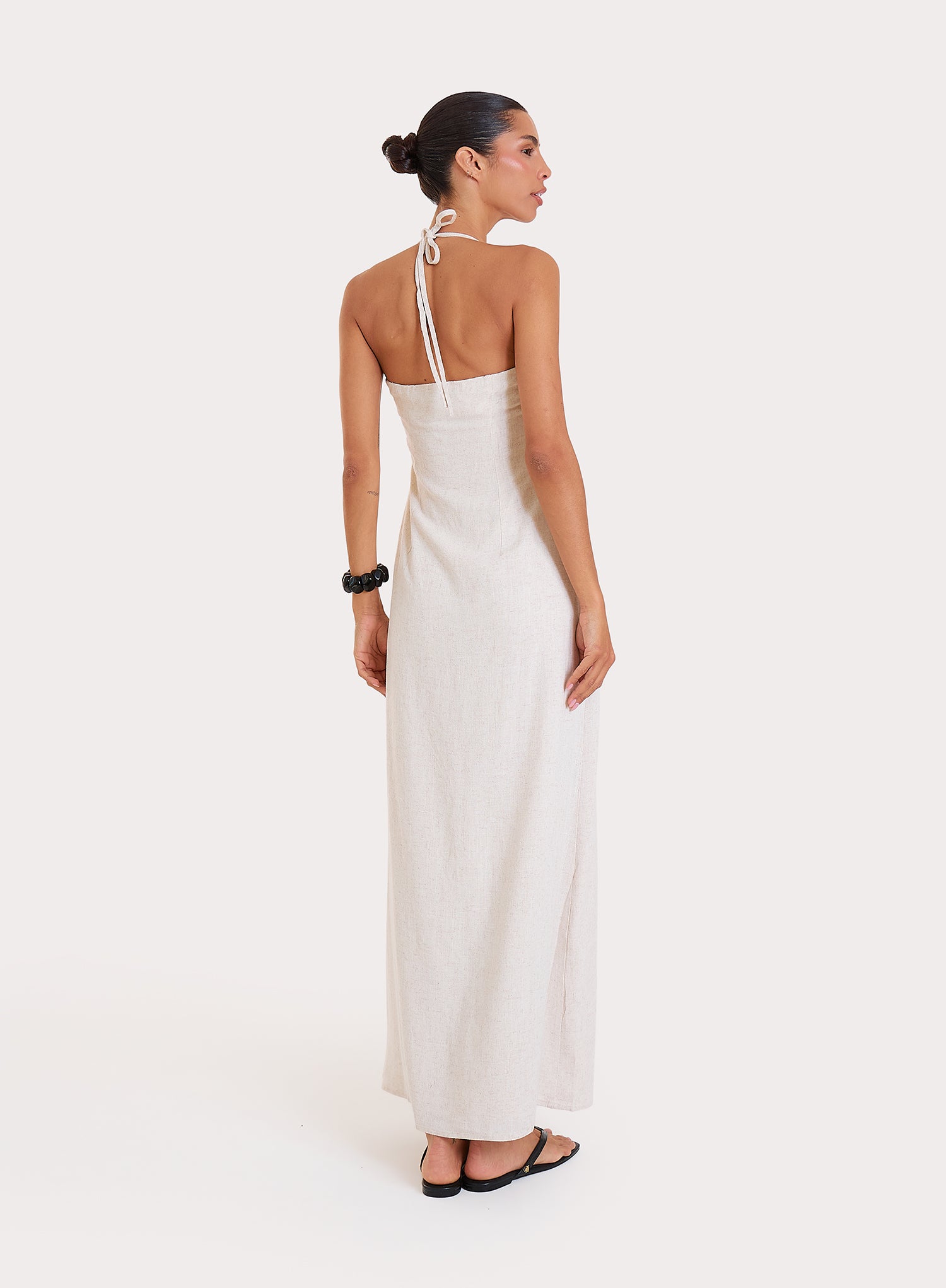 Cream Linen Blend Embroidered Shell Halterneck Maxi Dress