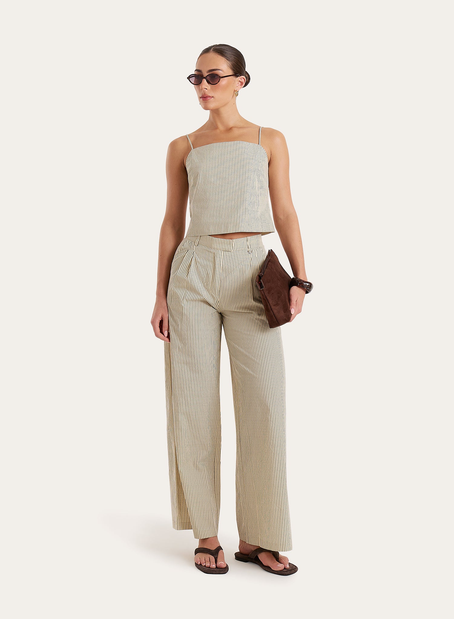 Beige Striped Tie Back Cami Crop Top