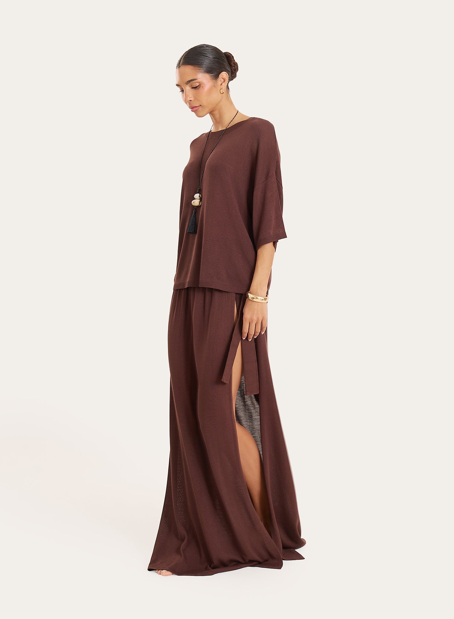 Brown Belt Detail Semi Sheer Thigh Split Maxi Skirt