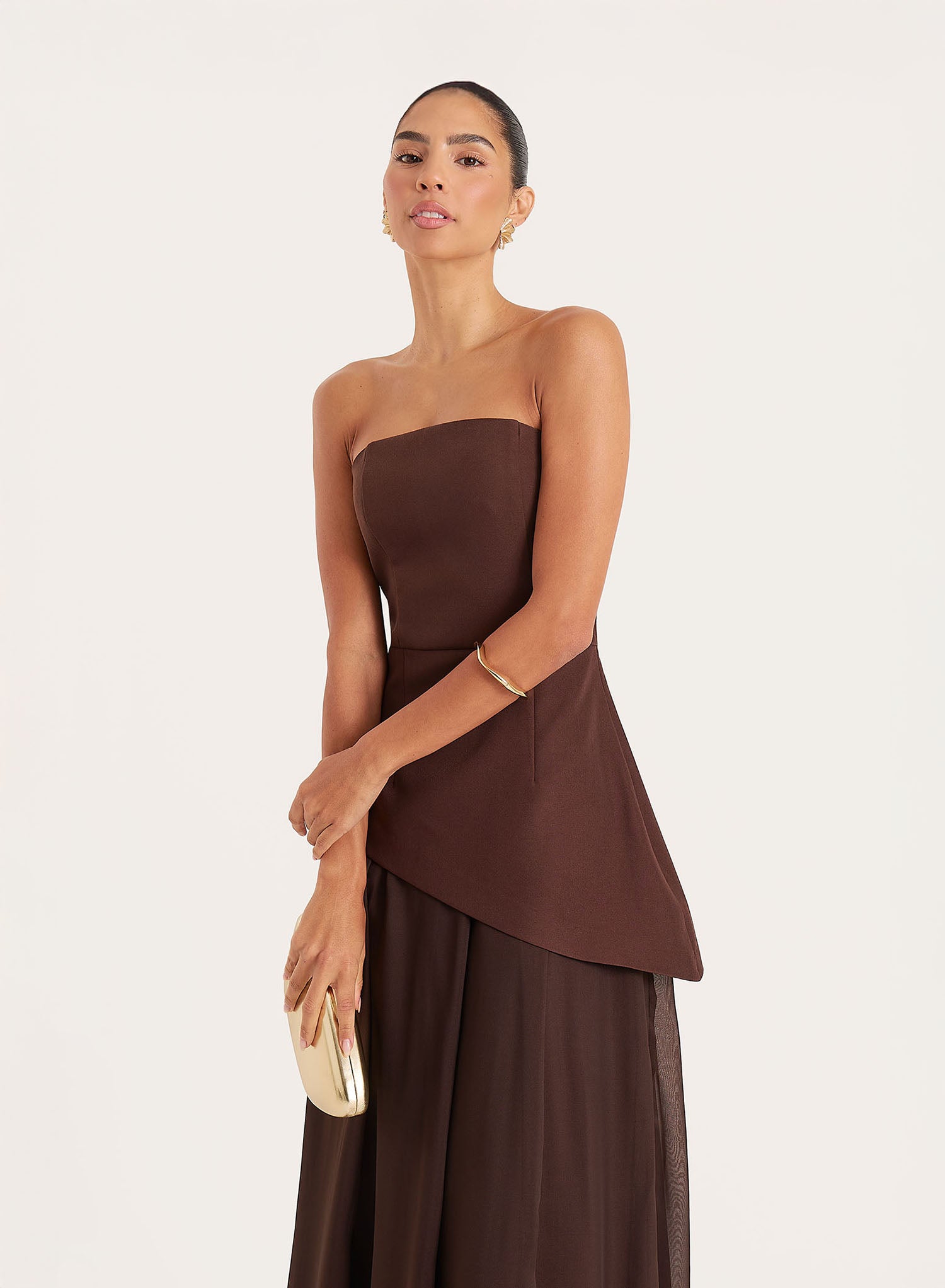 Chocolate Bandeau Asymmetric Detail Maxi Dress