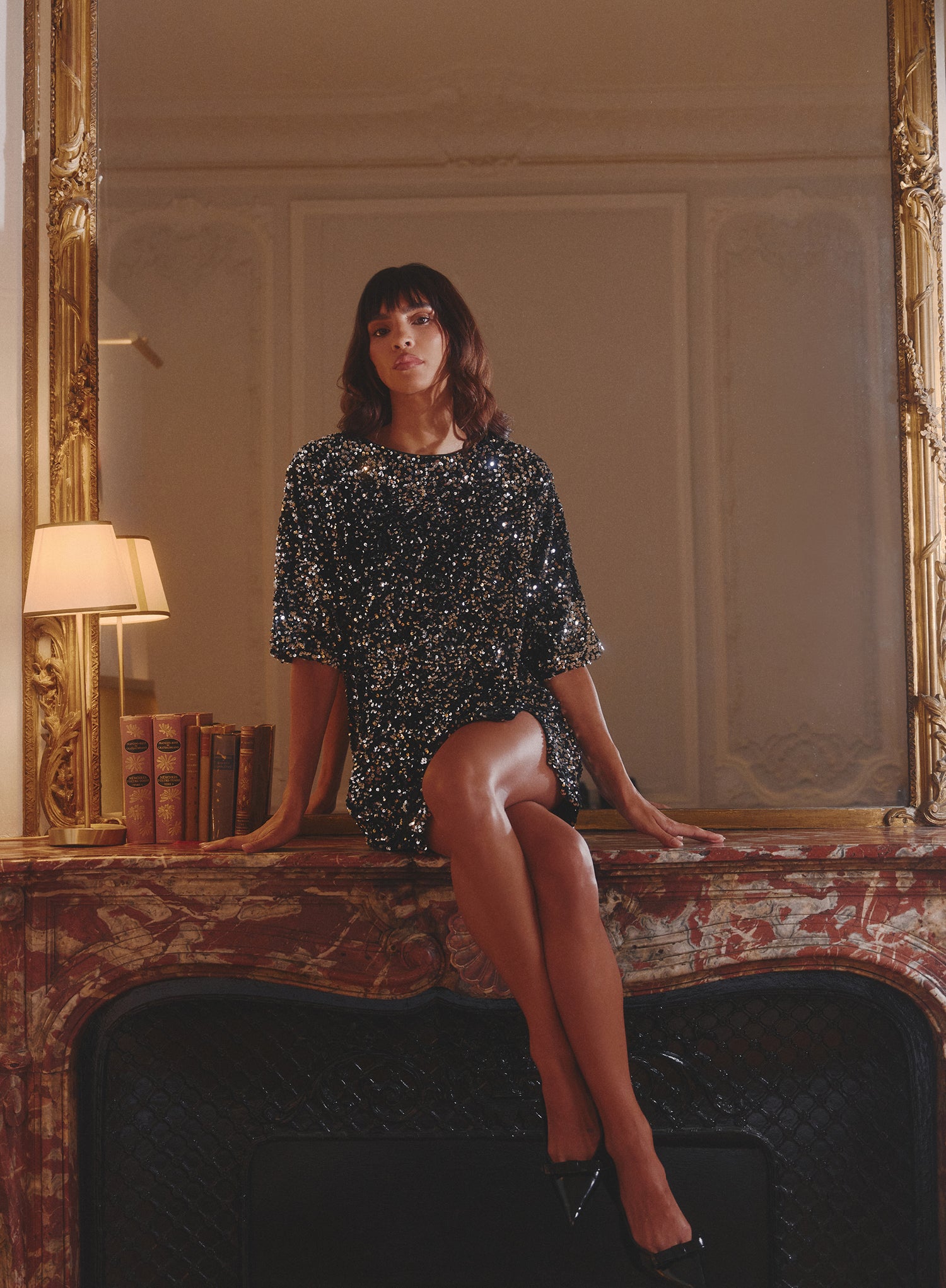 Black Sequin Bow Tie Back Mini Dress