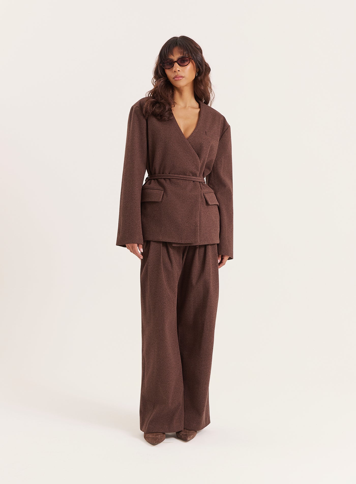 Chocolate Herringbone Tie-Waist Wrap Jacket