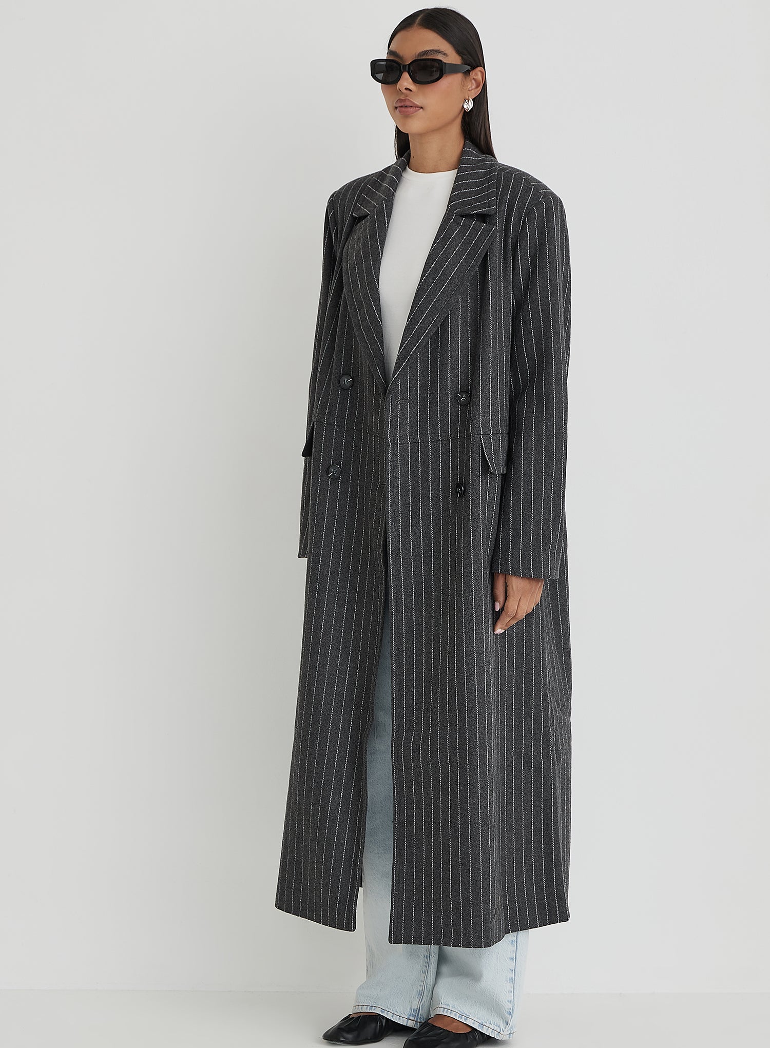 Grey Pinstripe Tailored Oversized Maxi Coat With Scarf- Melia