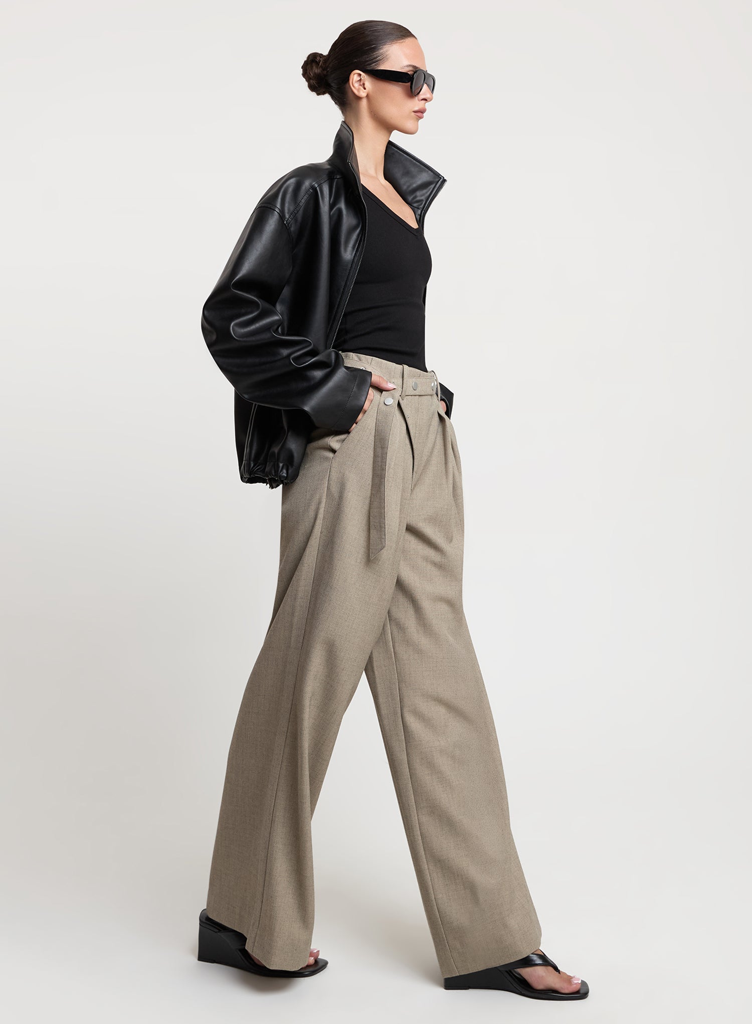 Grey Belted Tailored Wide Leg Trousers