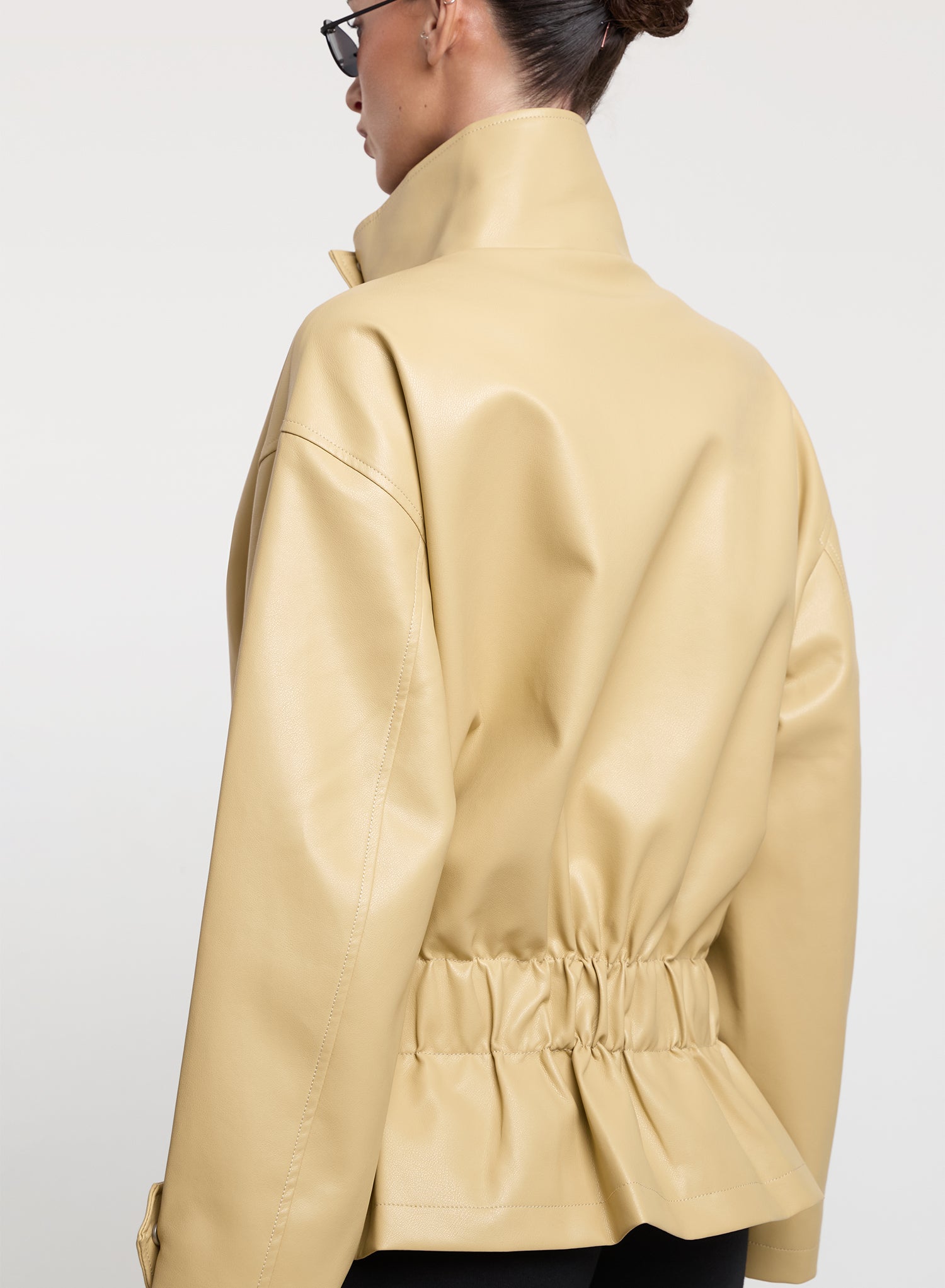 Butter Yellow Faux Leather Funnel Neck Jacket