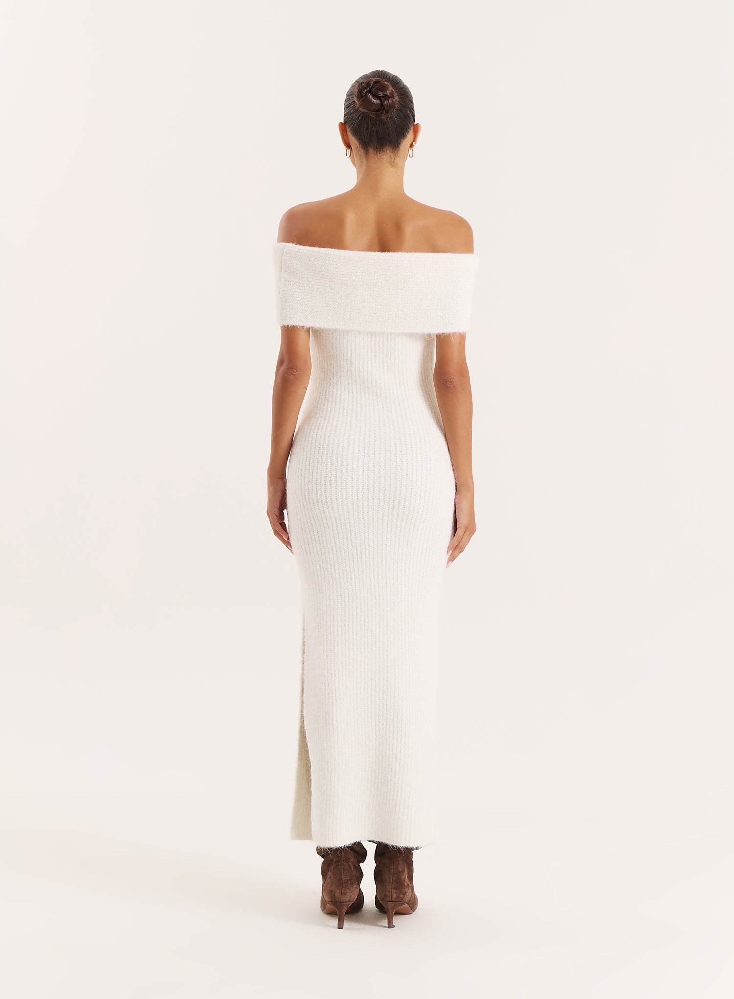 Cream Bardot Knitted Maxi Dress