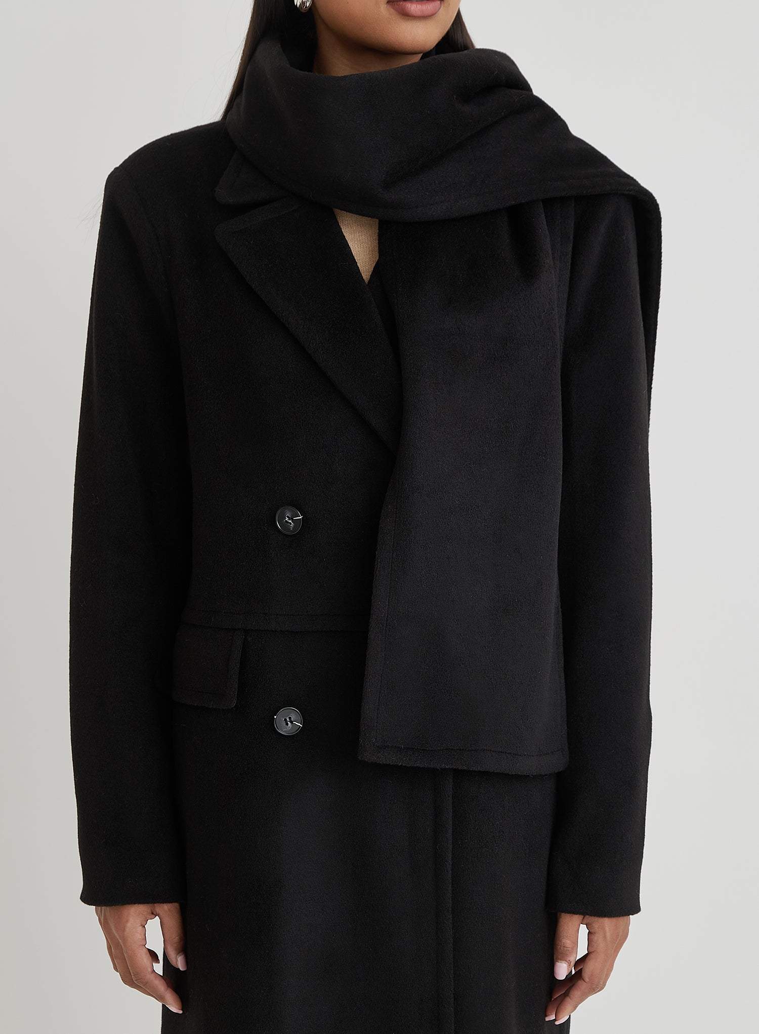 Black Tailored Oversized Maxi Coat With Scarf- Melia