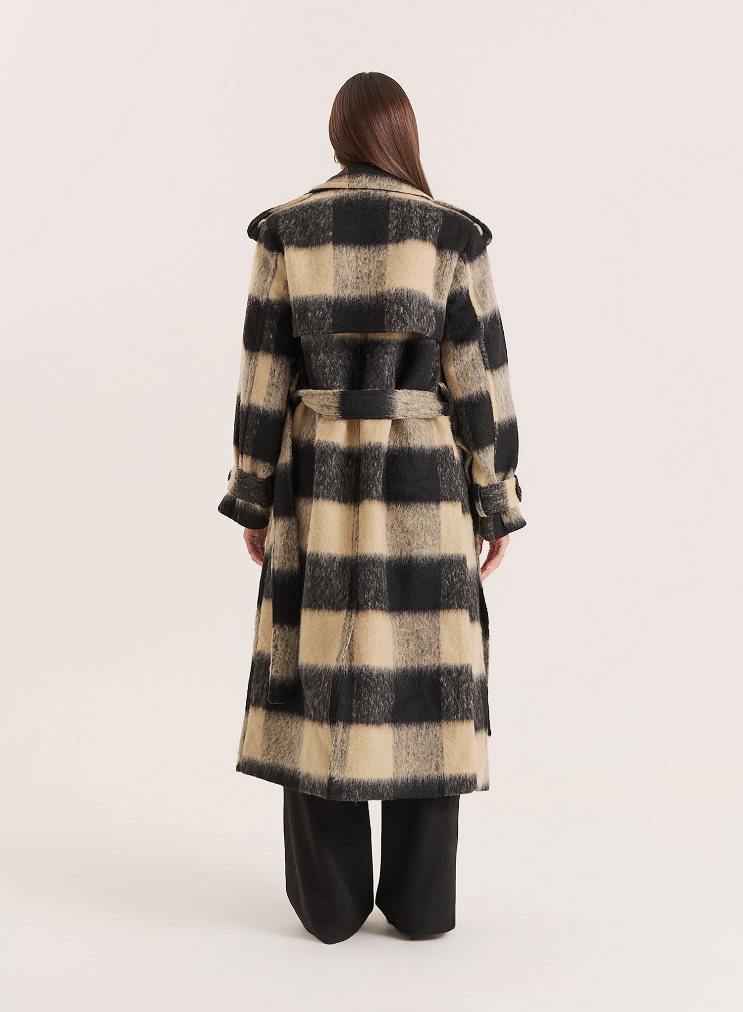 Black & Beige Check Longline Belted Trench Coat