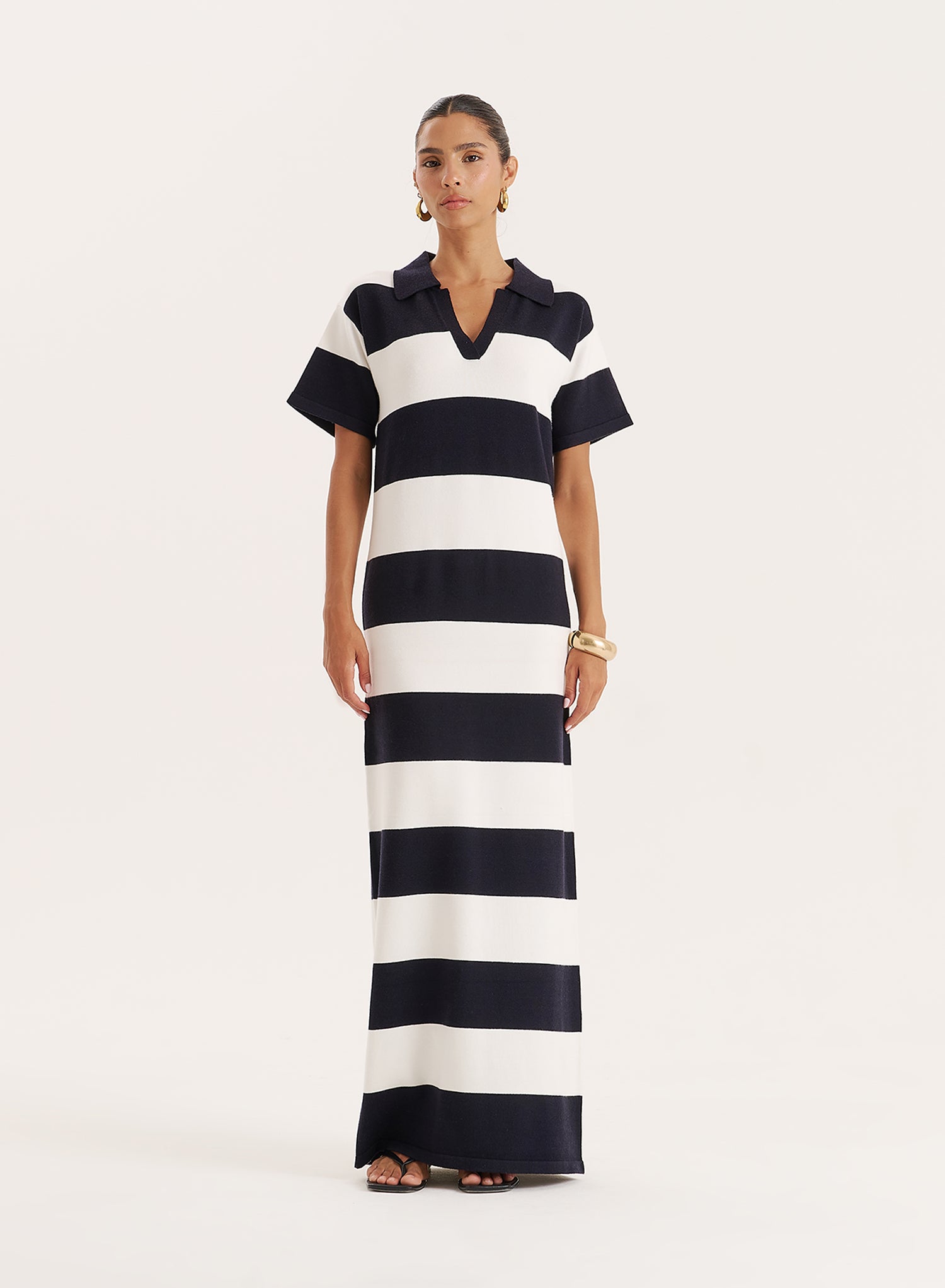 Black And White Stripe Knitted Rugby Maxi Dress