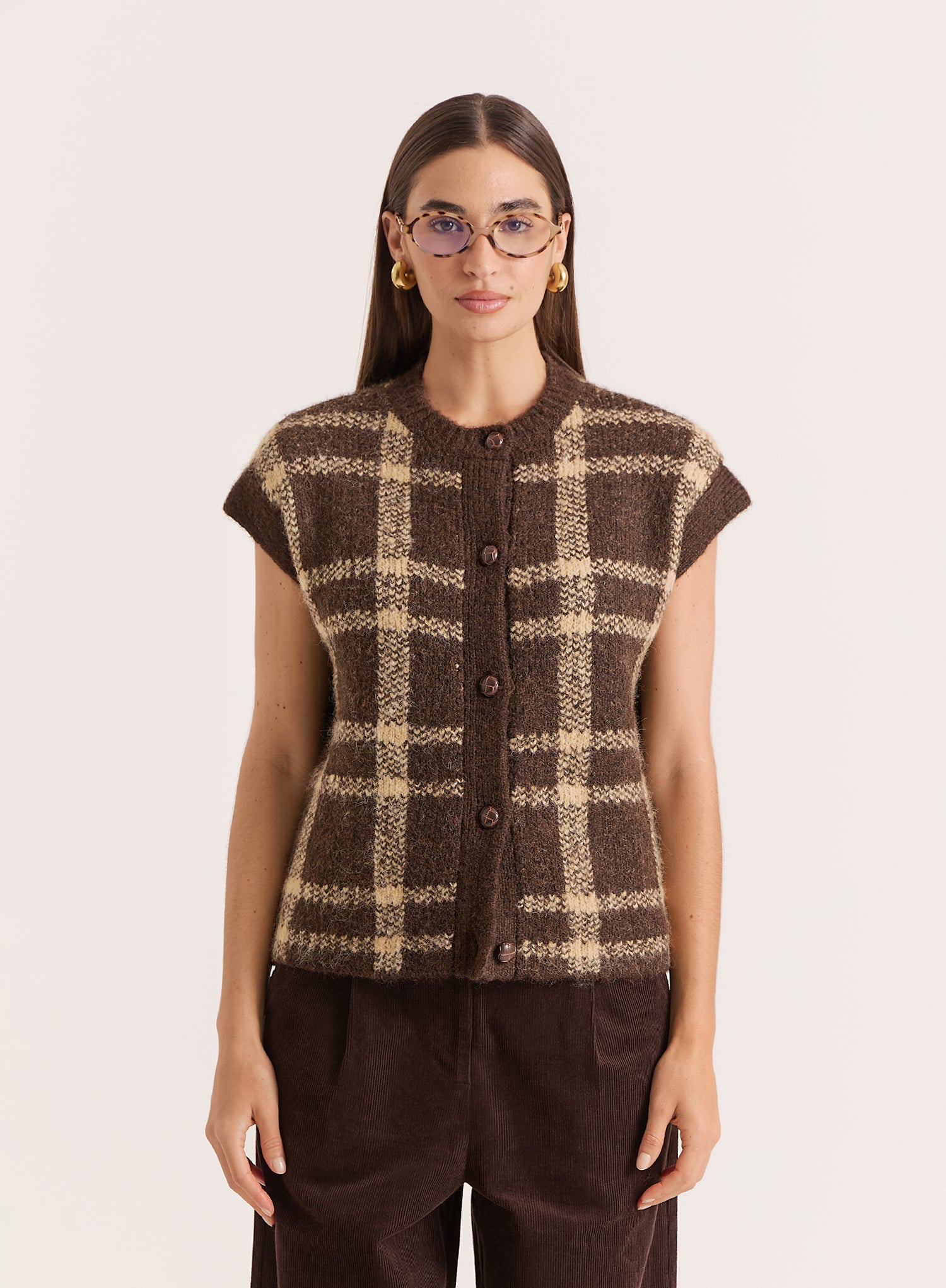 Brown Check Knitted Button Sweater Vest