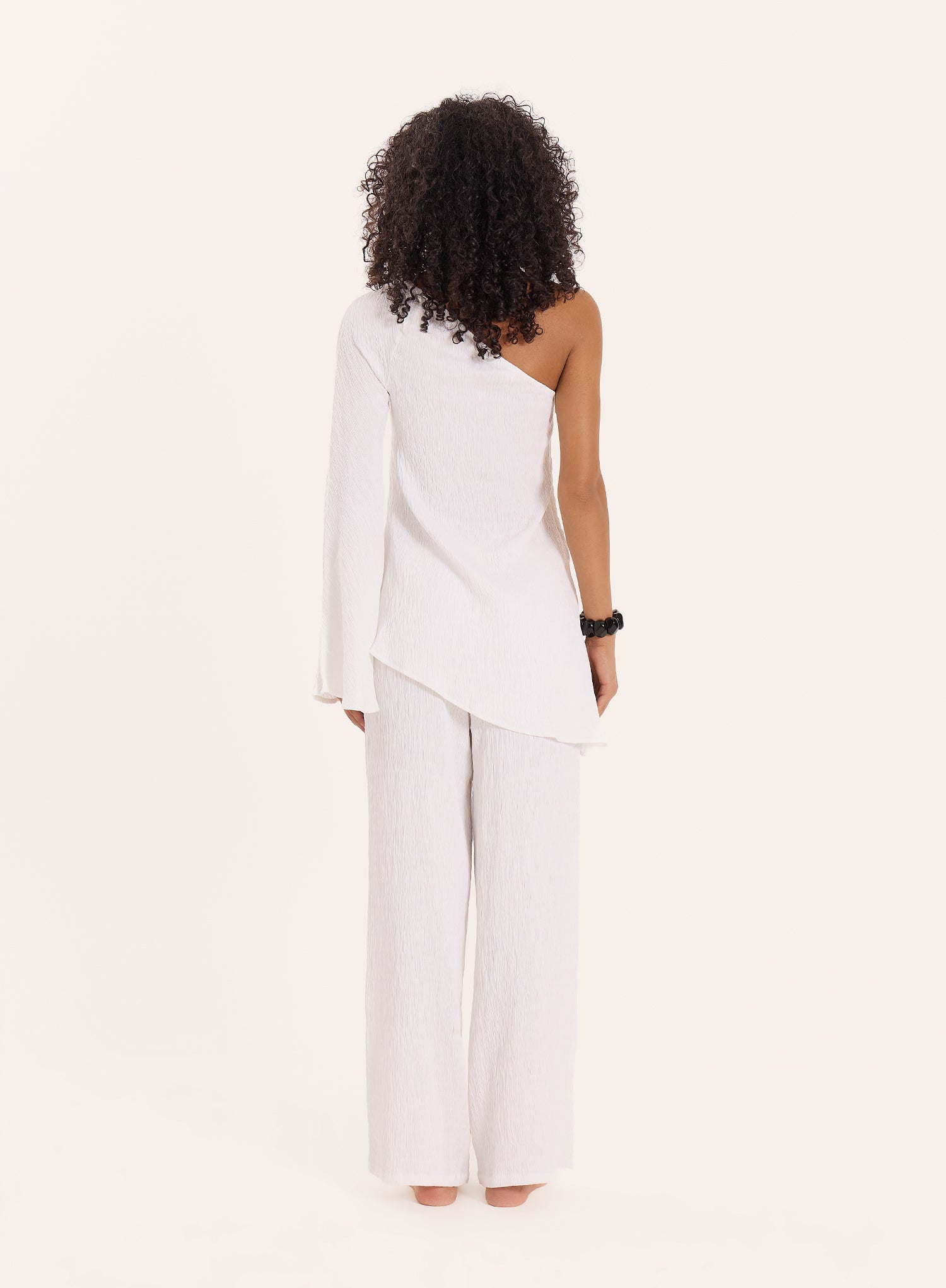 Cream Crinkle Tie Waist Straight Leg Trousers