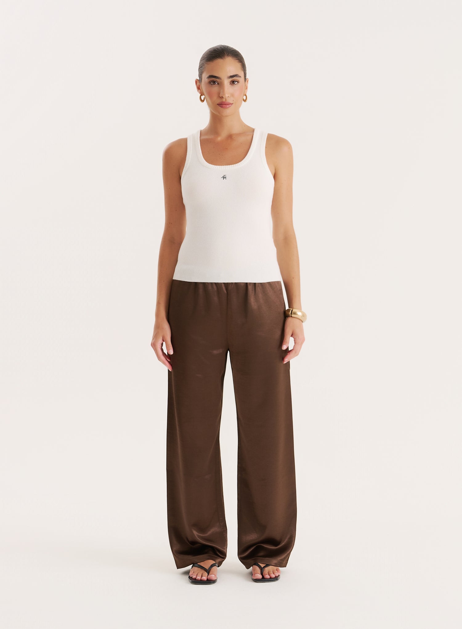 Chocolate Satin Elasticated Waist Wide Leg Trouser