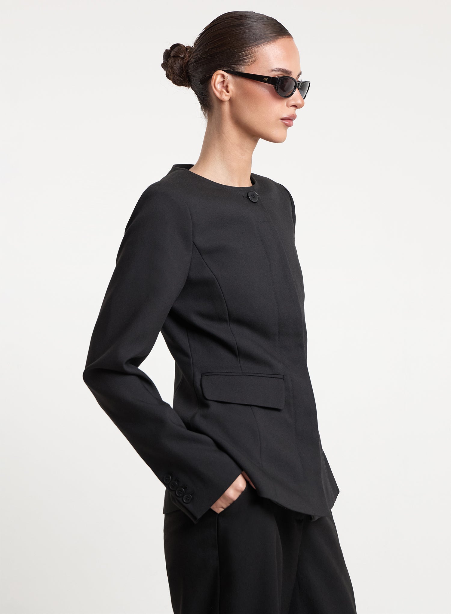 Black Collarless Cinched Waist Tailored Blazer