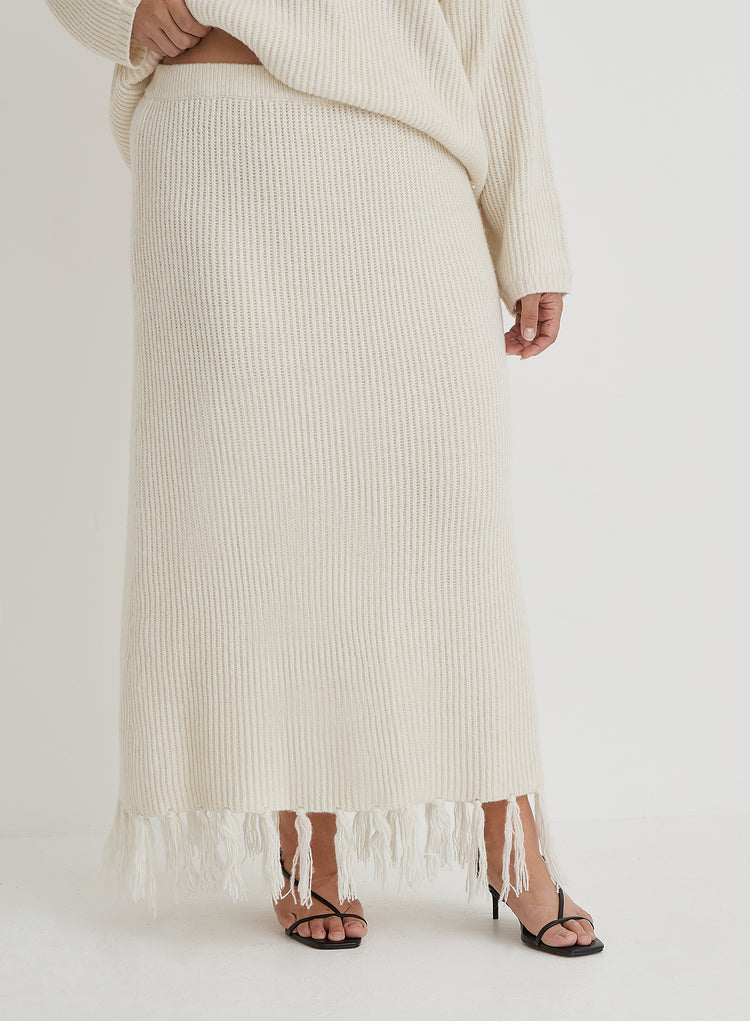 Cream Curve Knit Tassle Trim Maxi Skirt- Fallon