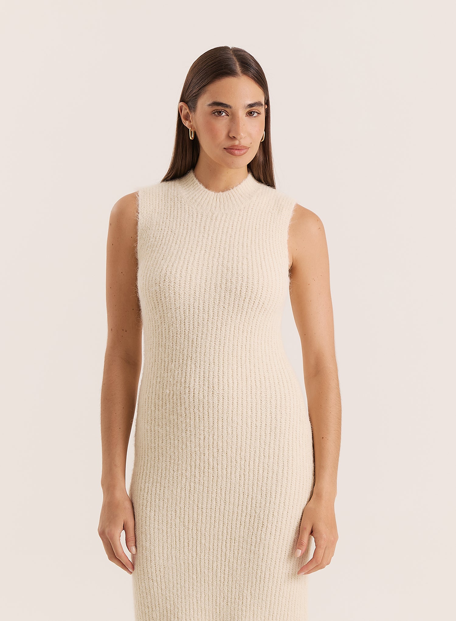 Beige High Neck Knitted Sleeveless Dress