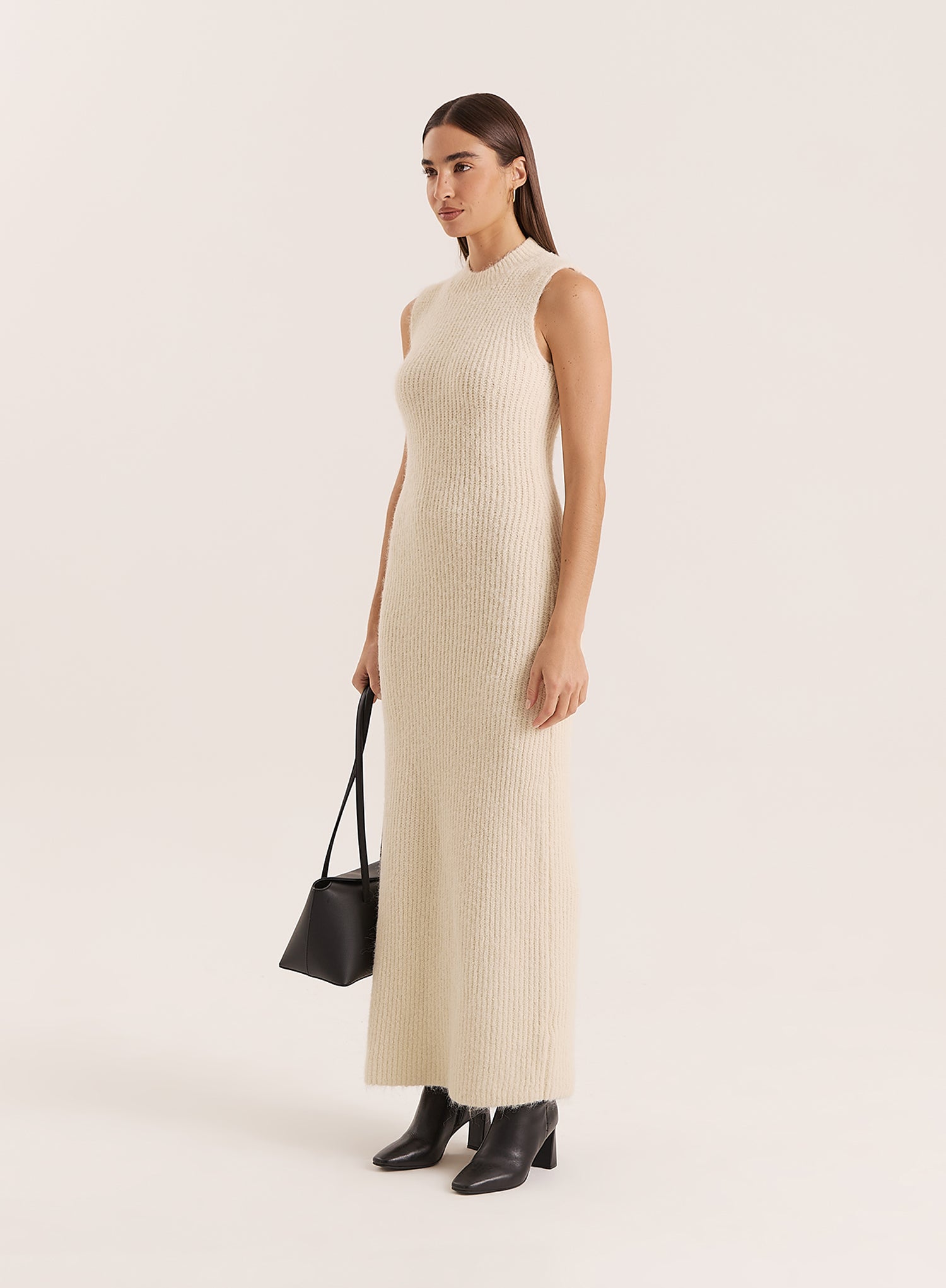 Beige High Neck Knitted Sleeveless Dress