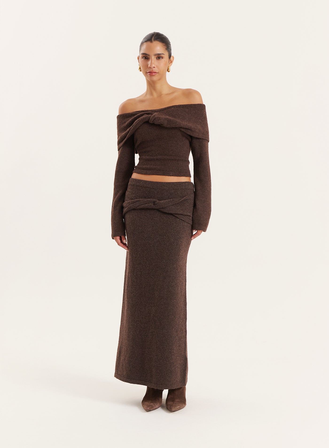 Chocolate Knitted Bardot Long Sleeved Top