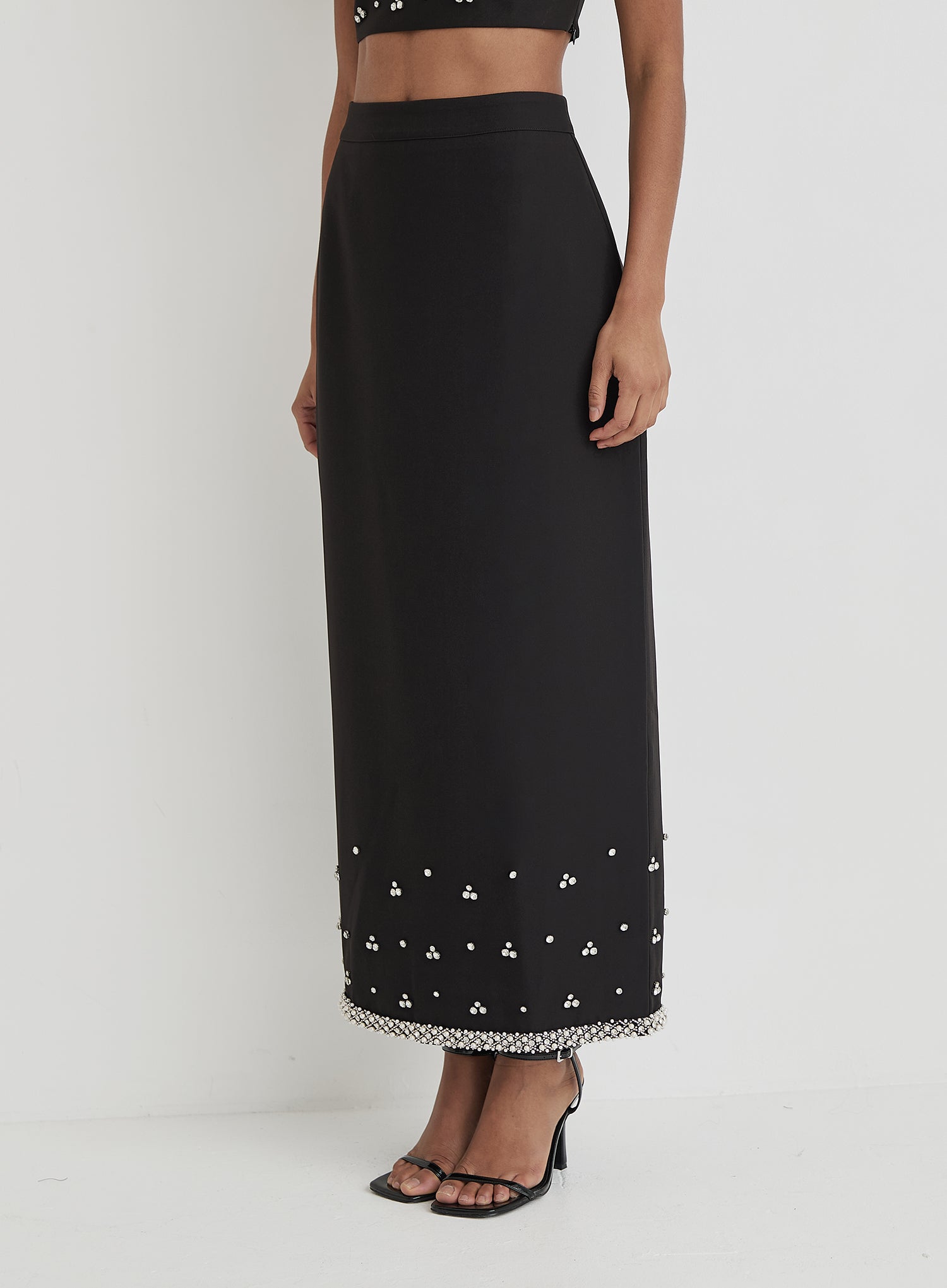 Black Embellished Trim Maxi Skirt- Sara