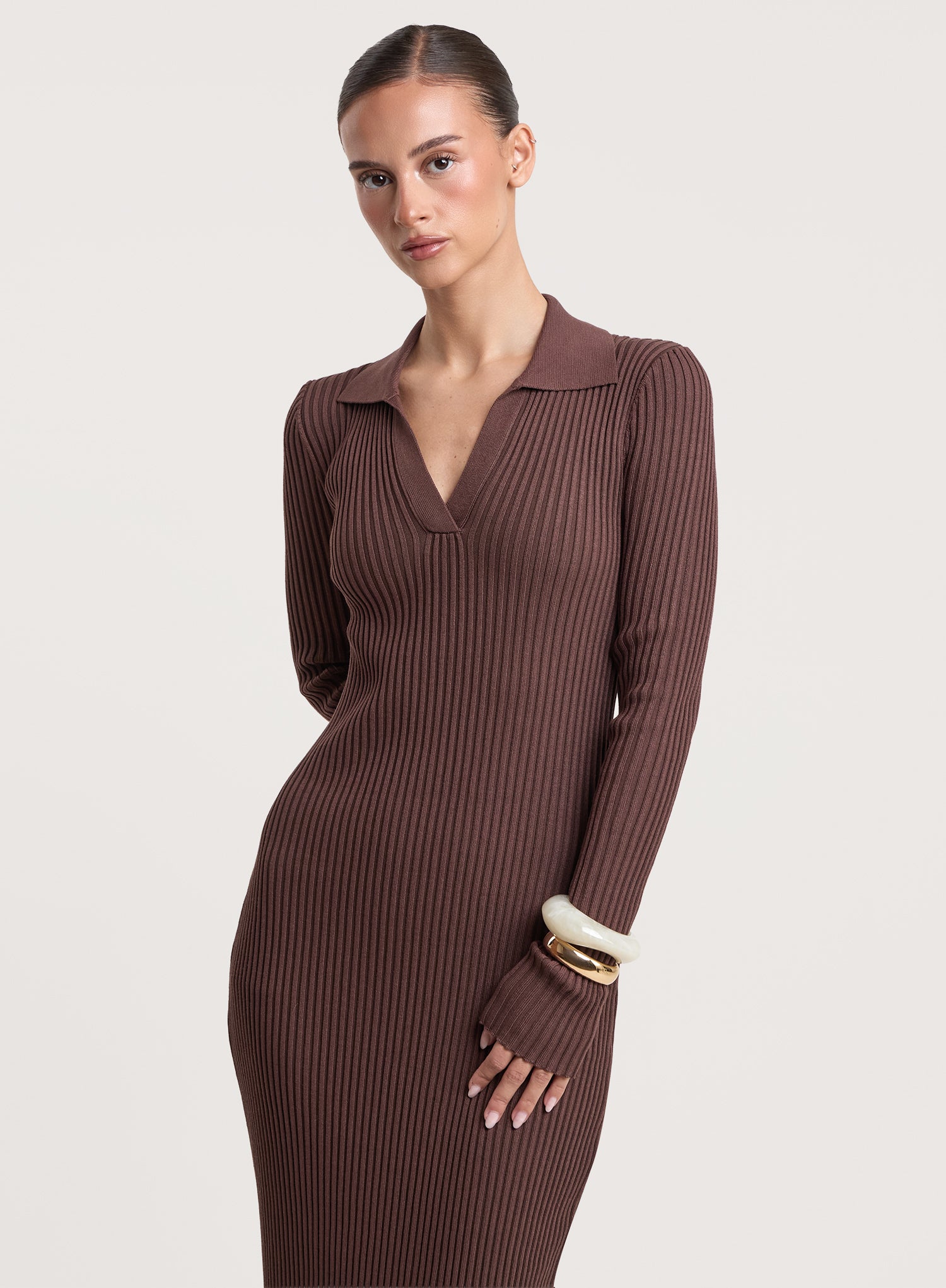 Chocolate Polo Collar Knitted Maxi Dress