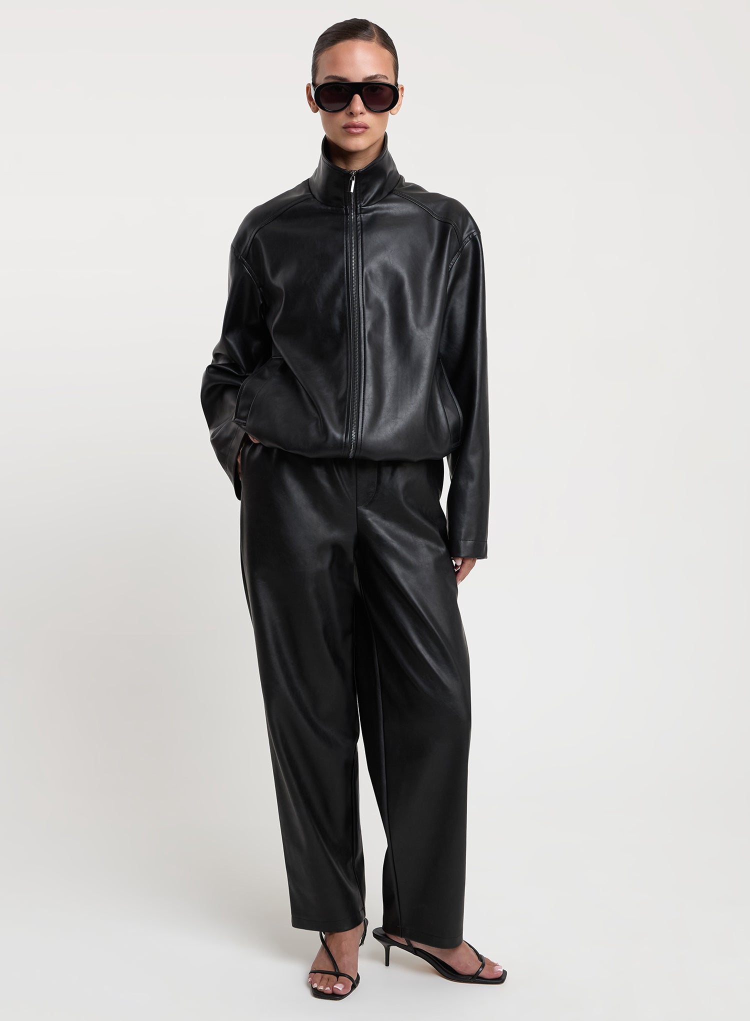Black Faux Leather Funnel Neck Bomber Jacket