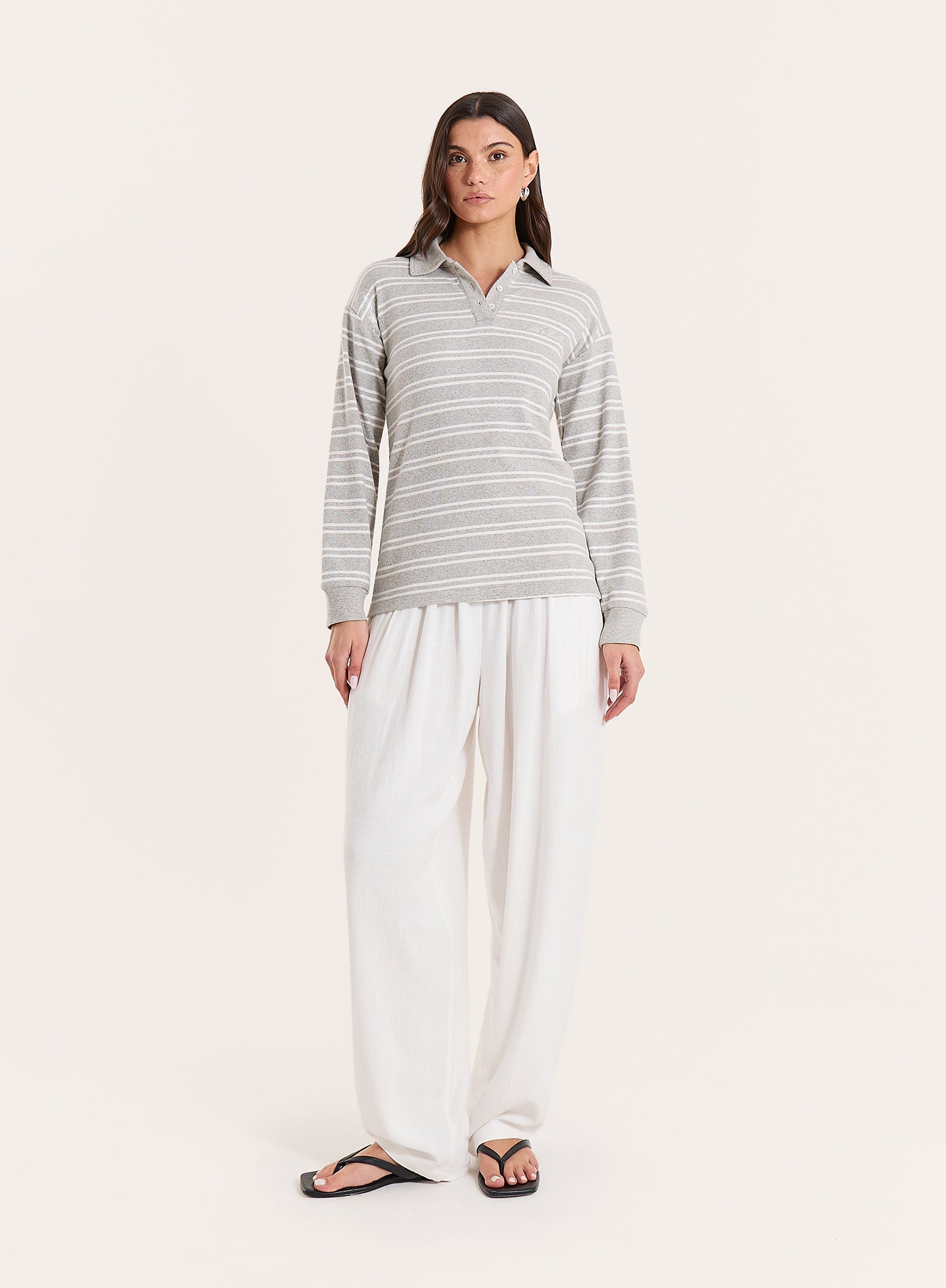 Grey And White Stripe Jersey Ribbed Rugby Top