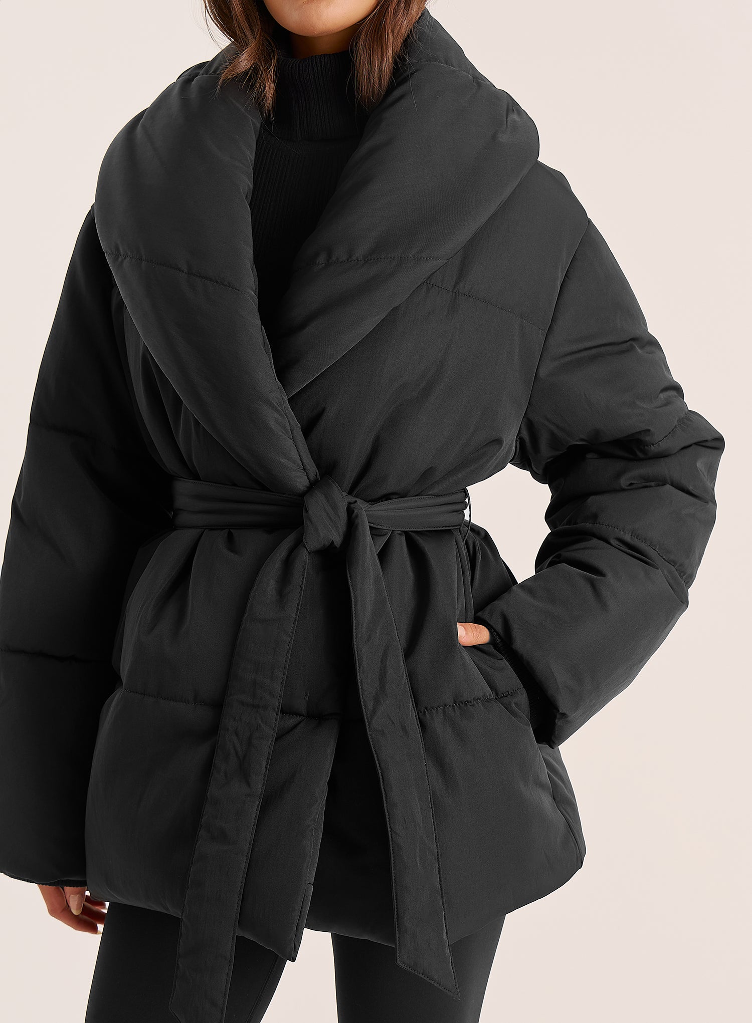 Black Wrap Waist Belted Puffer Coat
