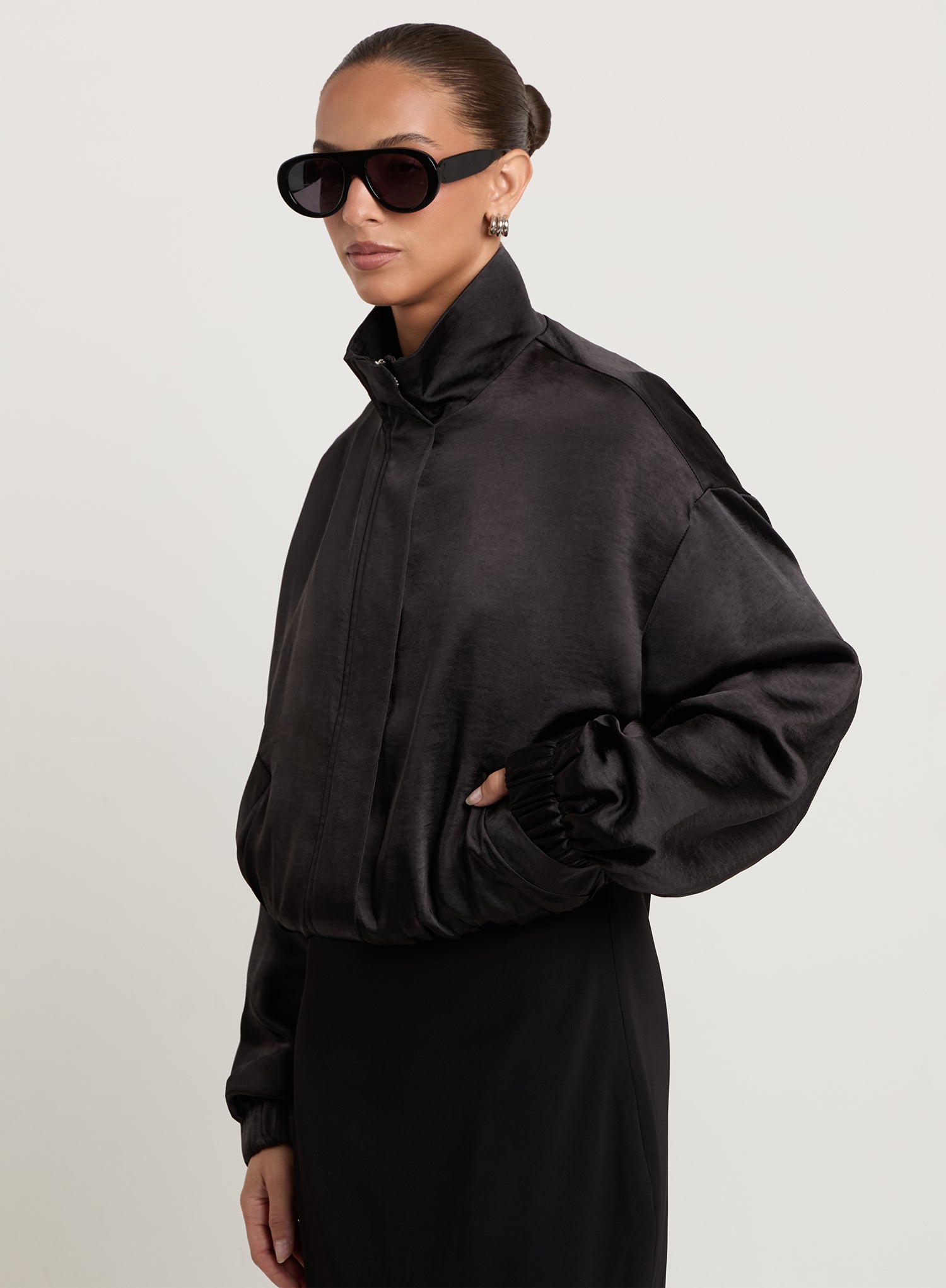 Black Satin Dropped Shoulder Bomber Jacket