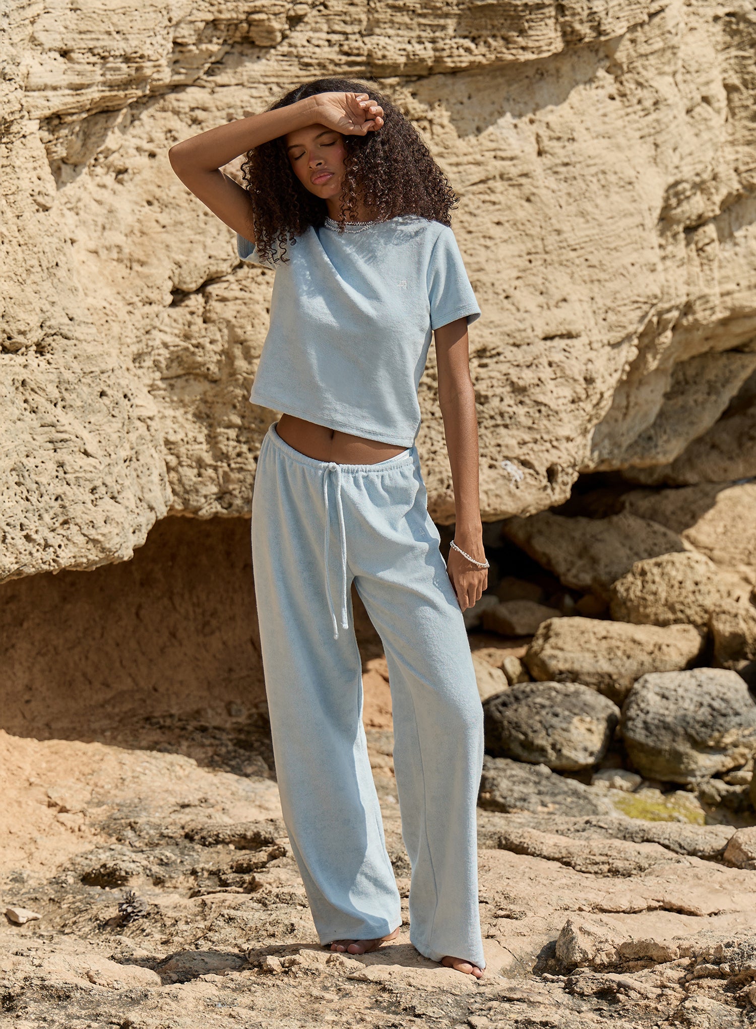 Light Blue Towelling Straight Leg Trousers