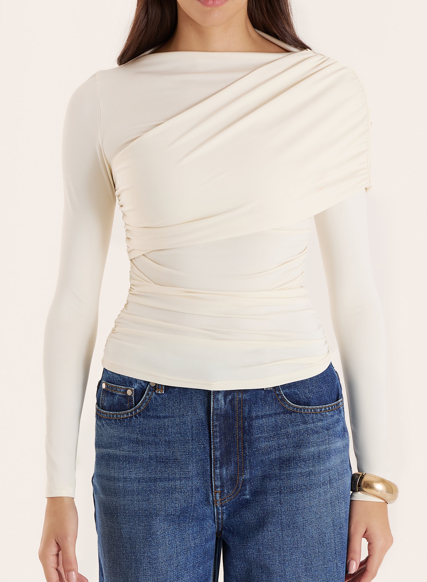 Off White Long Sleeved Drape Top