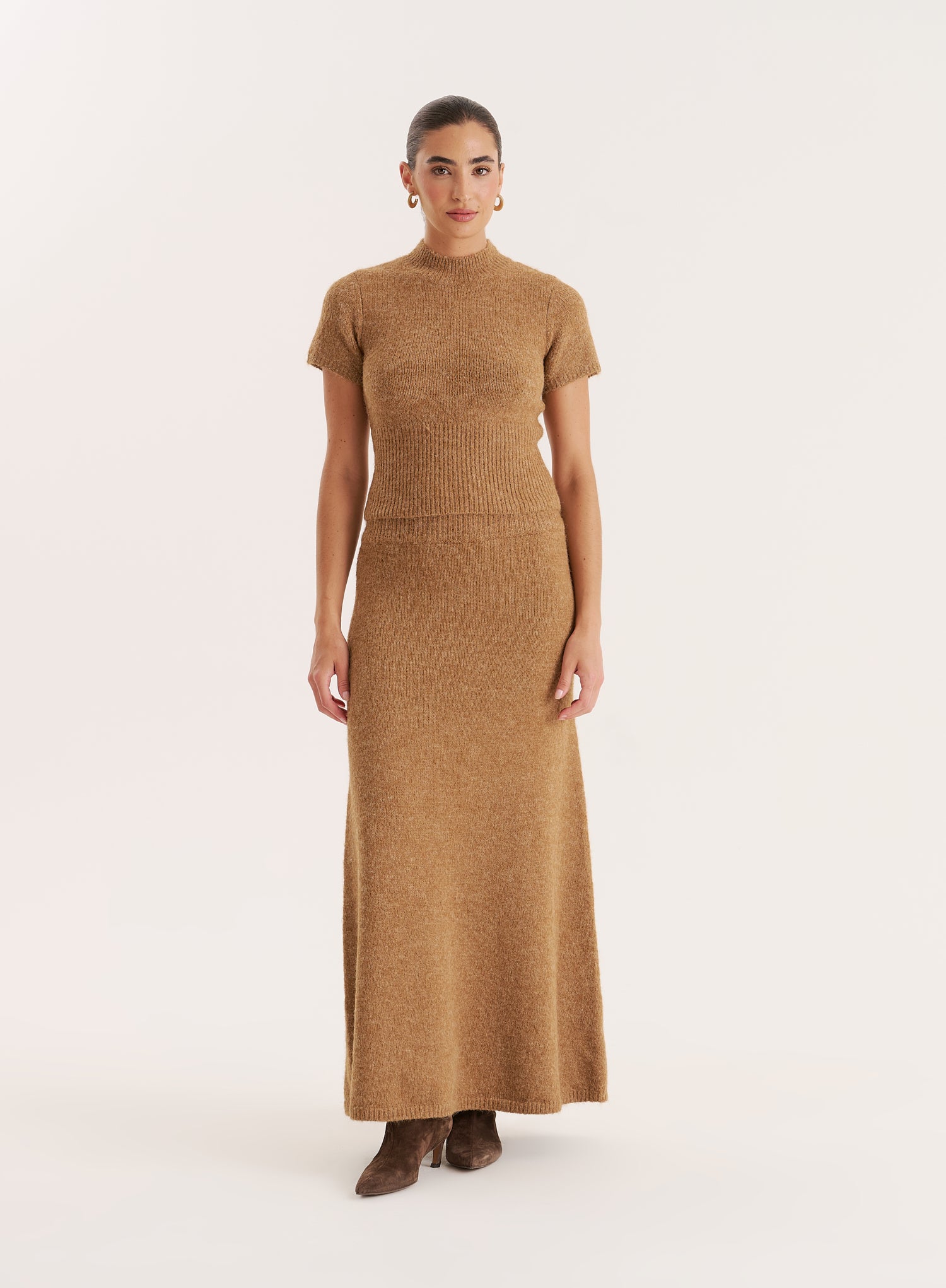 Camel Knitted A-Line Maxi Skirt