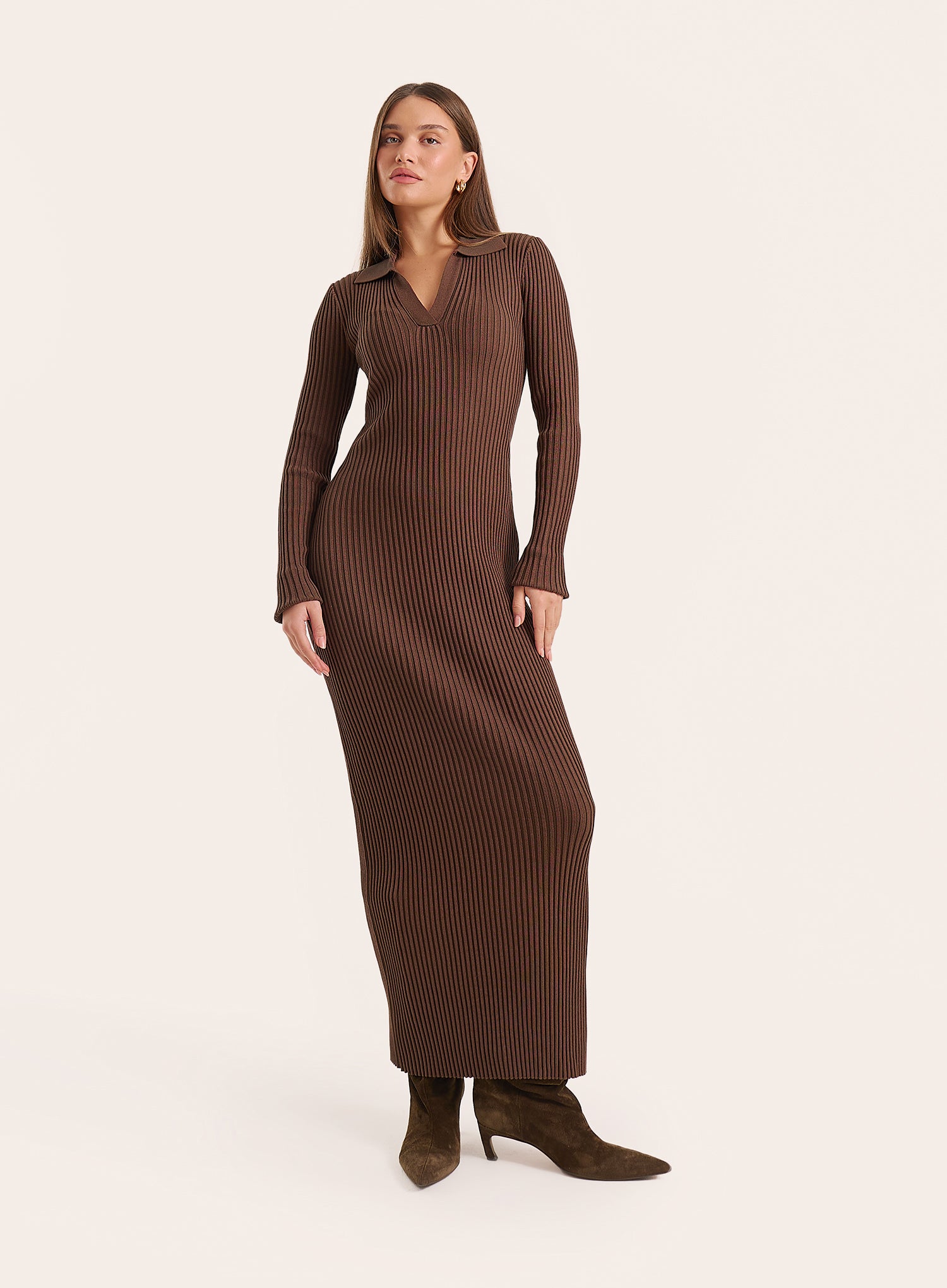 Chocolate Polo Collar Knitted Maxi Dress