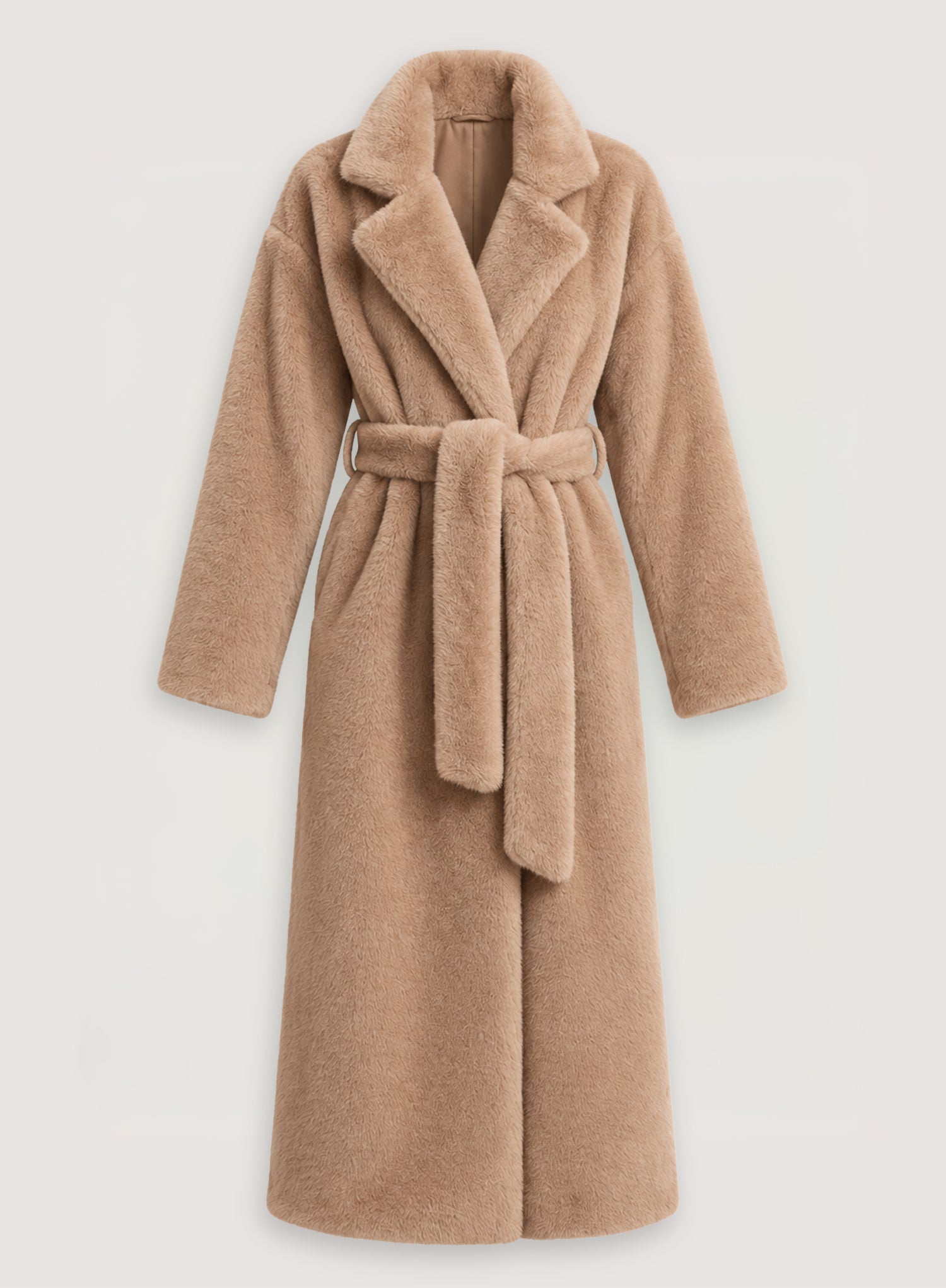 Beige Belted Maxi Faux Fur Coat