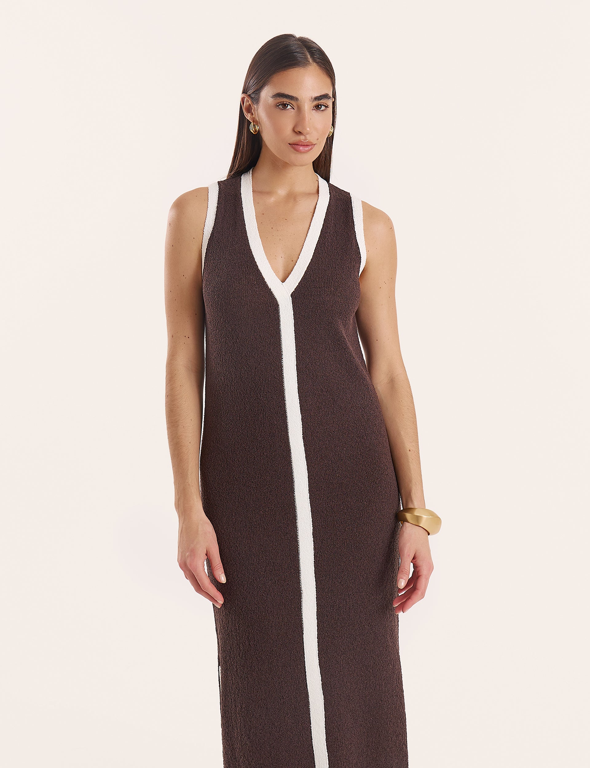Chocolate Knitted Contrast Trim Midaxi Dress