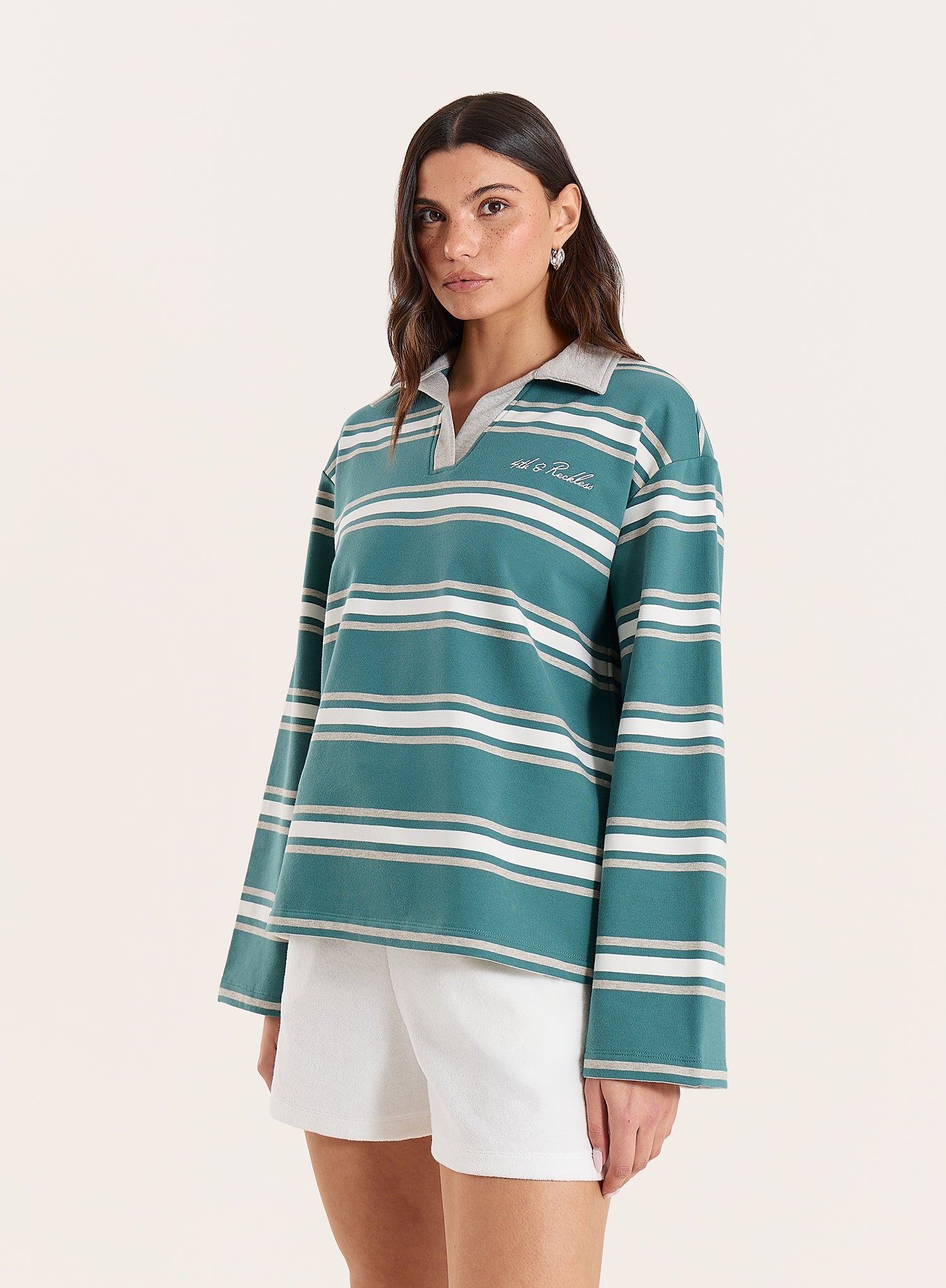 Green And White Stripe Branded Rugby Top