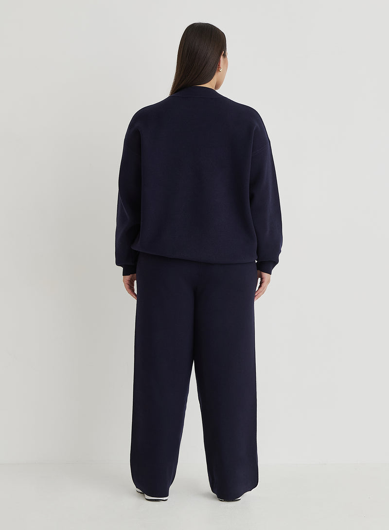 Navy Curve Knitted Wide Leg Trouser- Cameron