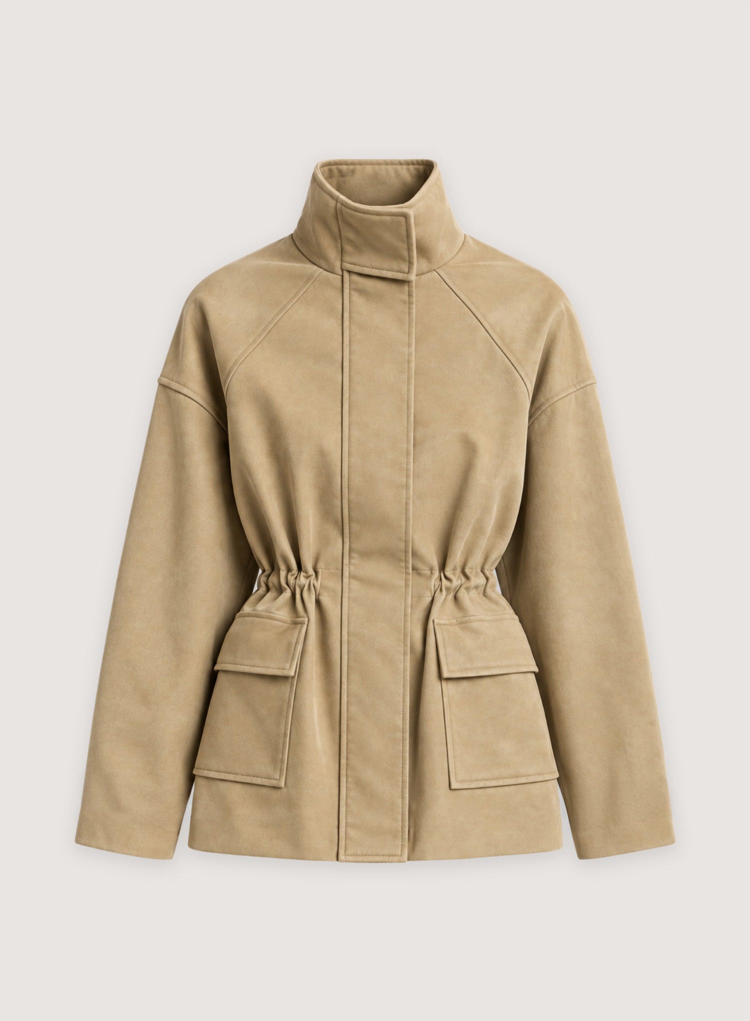 Beige Faux Suede Cinched Waist Funnel Neck Jacket