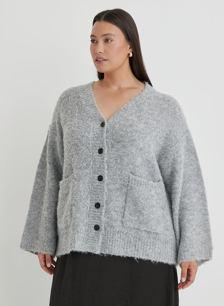 Grey Curve Brushed Knit Cardigan- Lidia