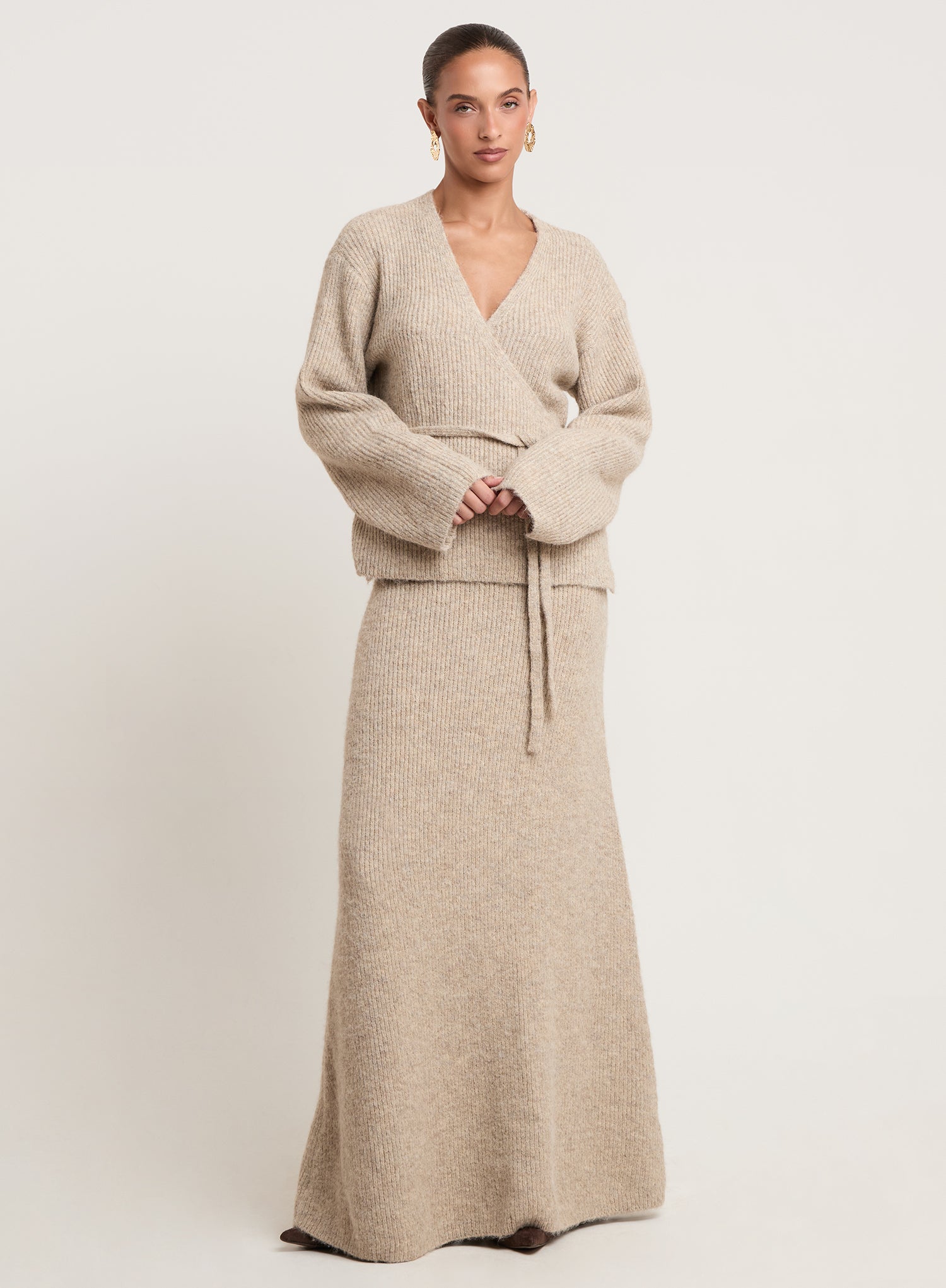 Oatmeal Knitted Tie Front Wrap Top