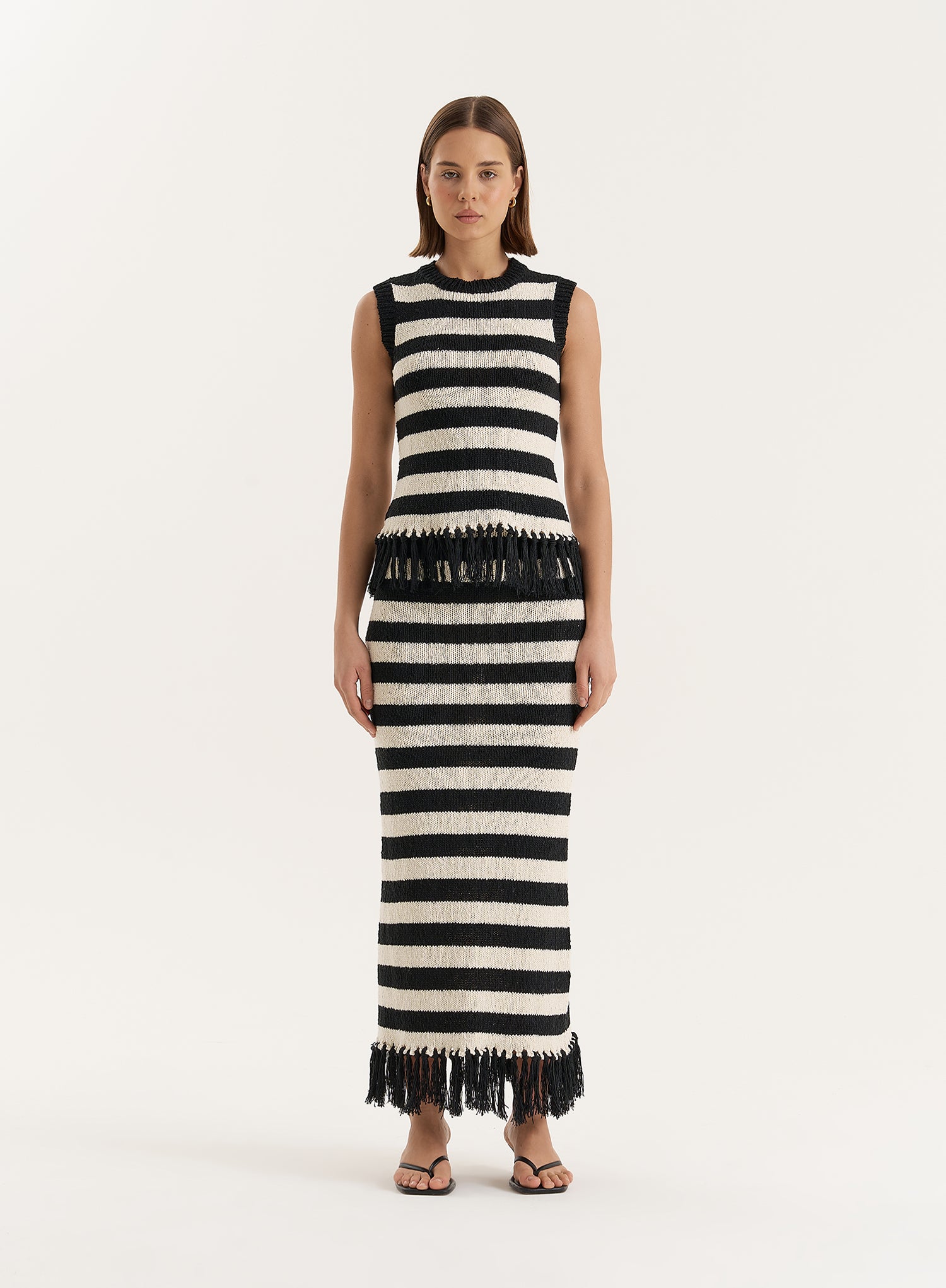 Striped Knitted Tassel Trim Maxi Skirt- Lauryn