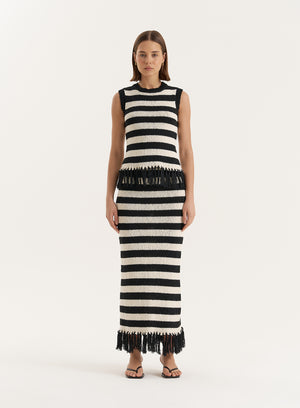 Striped Knitted Tassel Trim Maxi Skirt- Lauryn