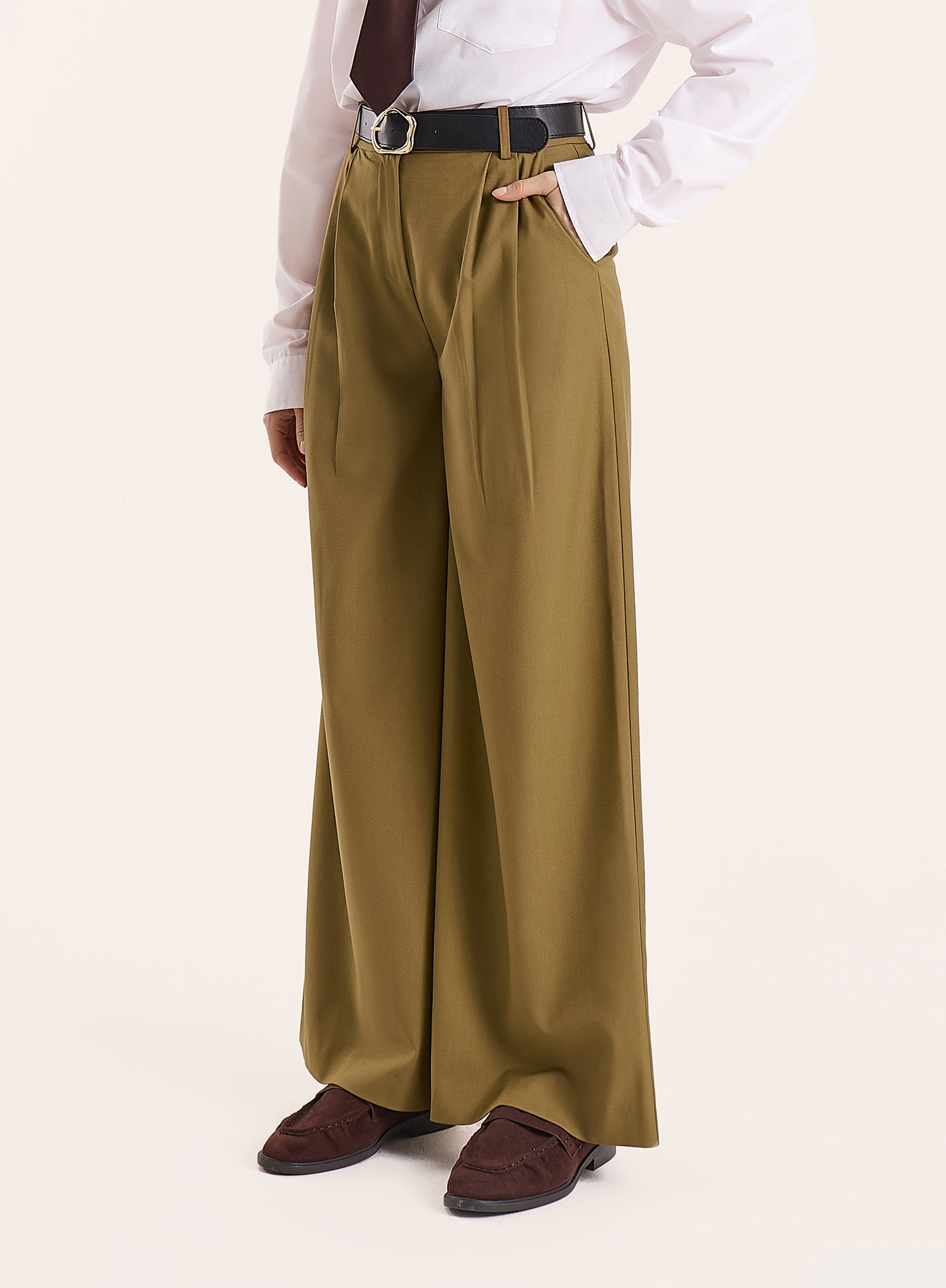 Olive Hardware Belt Detail Tailored Trousers