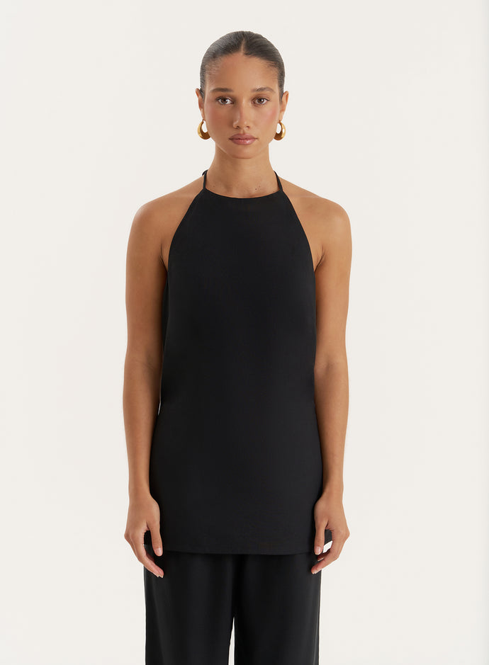 Black Linen Blend Halter Neck Top- Daisy