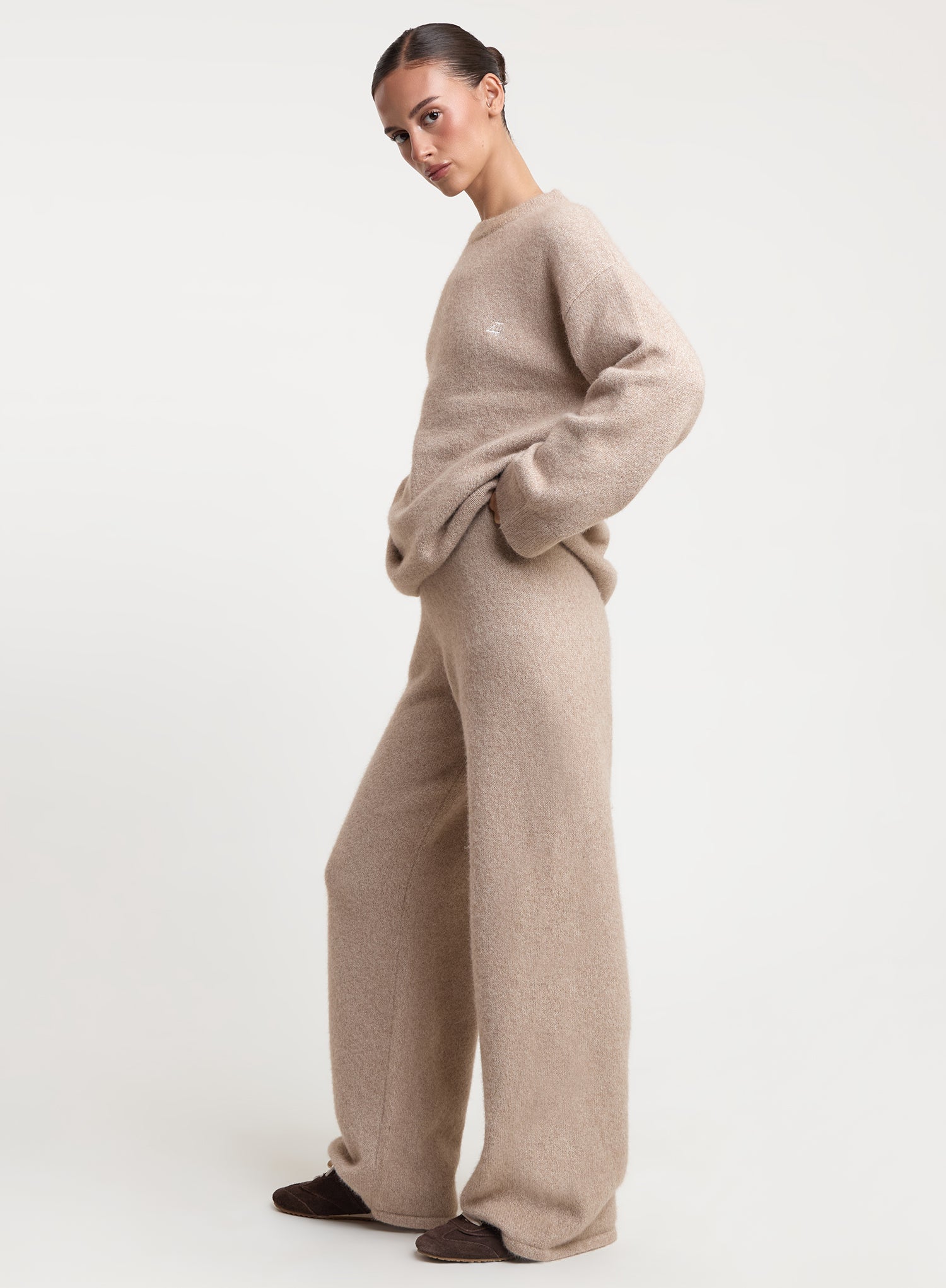 Oatmeal Knitted Straight Leg Trousers