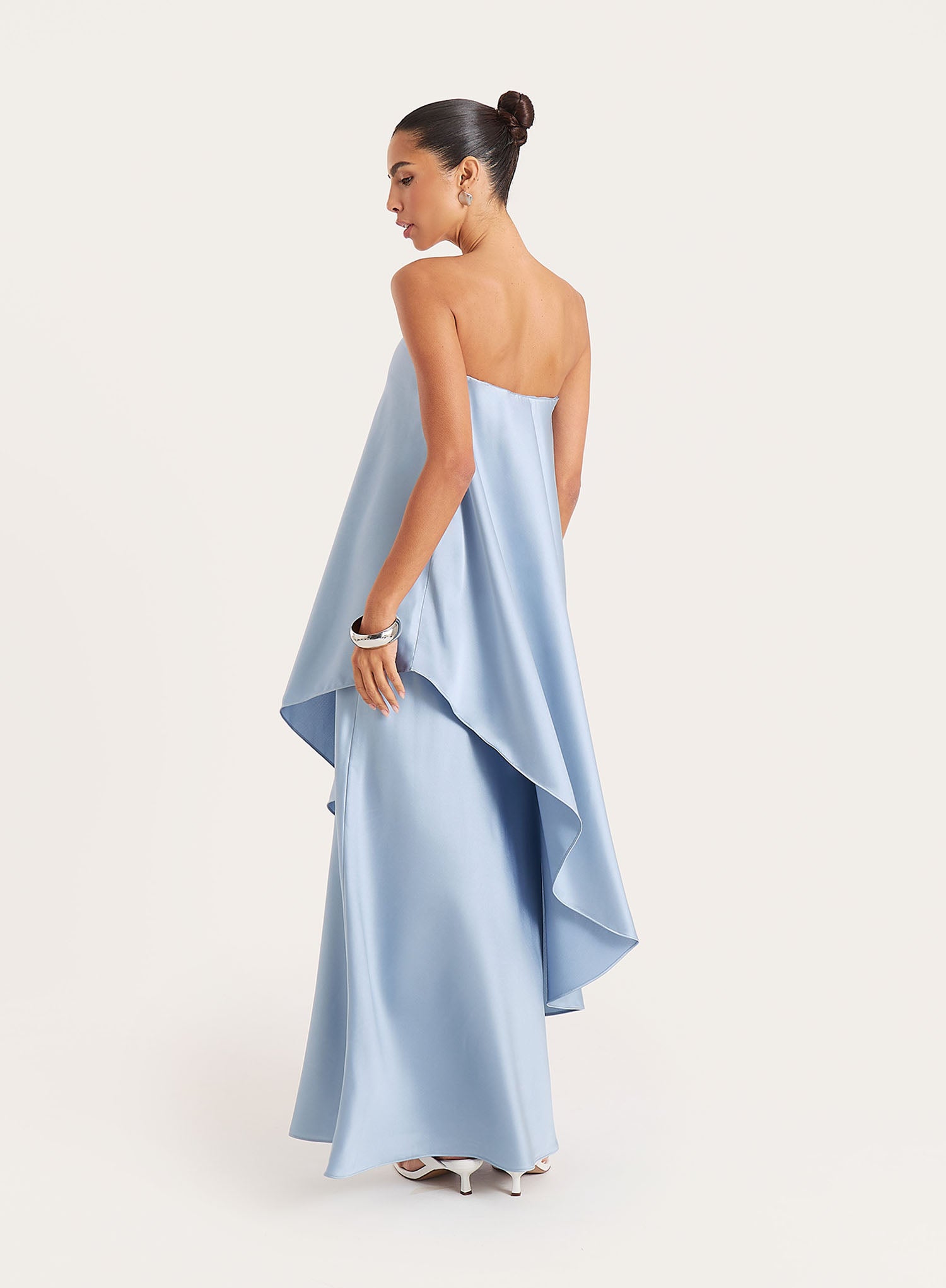 Blue Asymmetric Bandeau Satin Maxi Dress